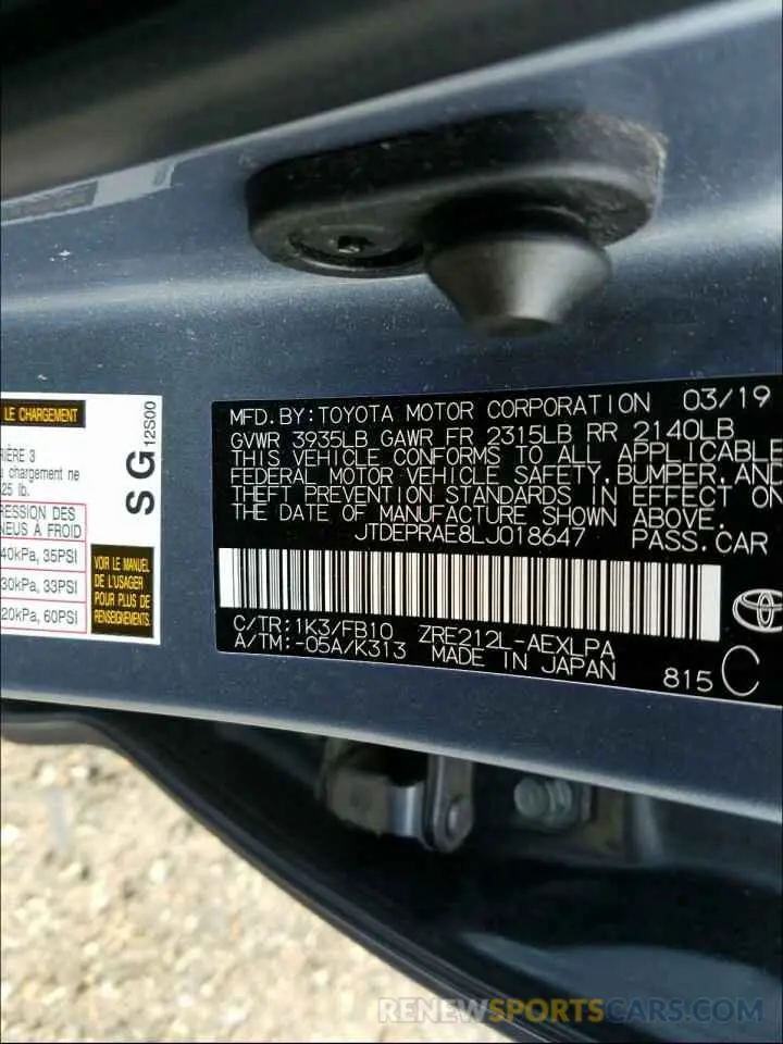 10 Photograph of a damaged car JTDEPRAE8LJ018647 TOYOTA COROLLA 2020