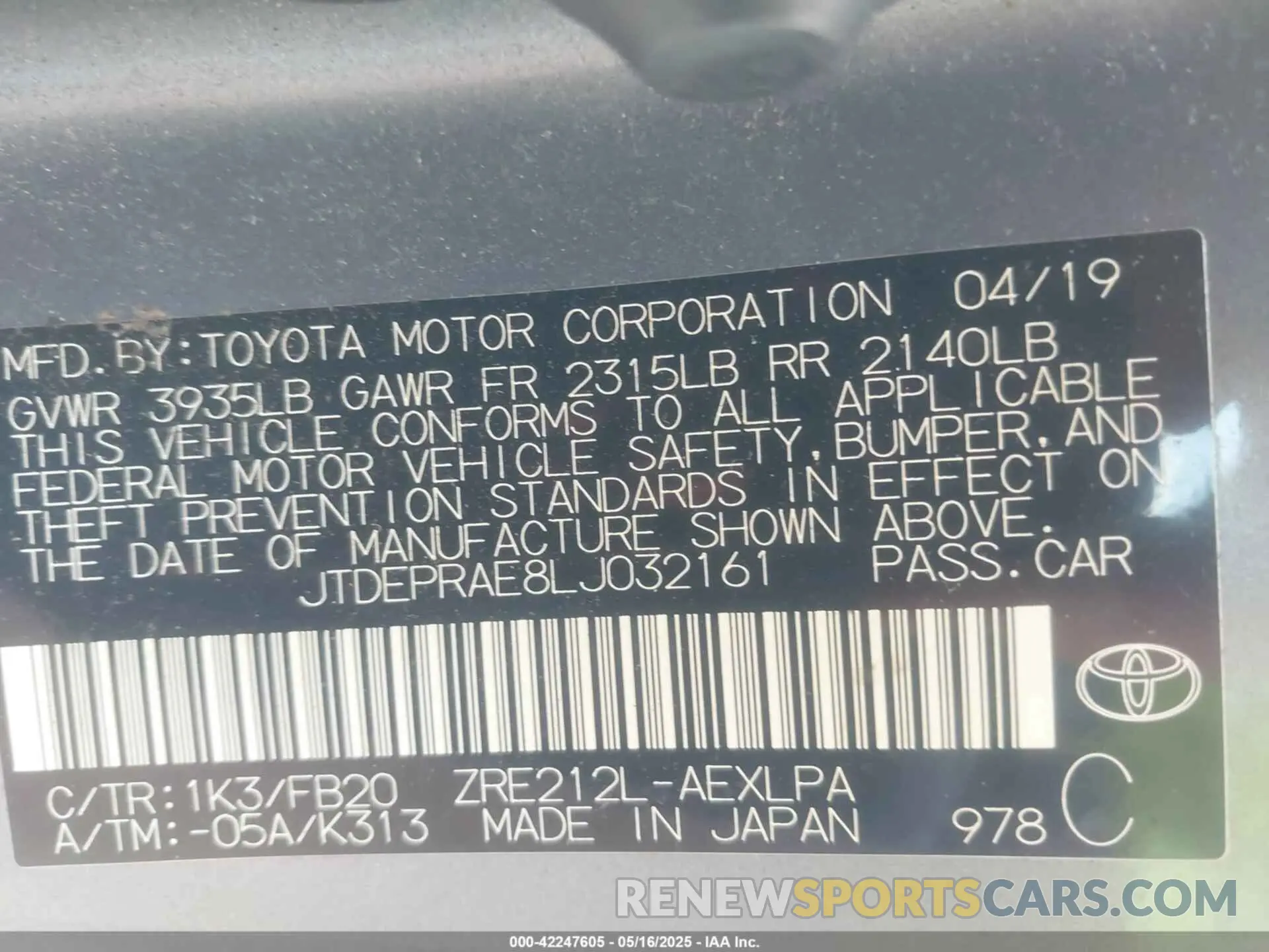9 Photograph of a damaged car JTDEPRAE8LJ032161 TOYOTA COROLLA 2020
