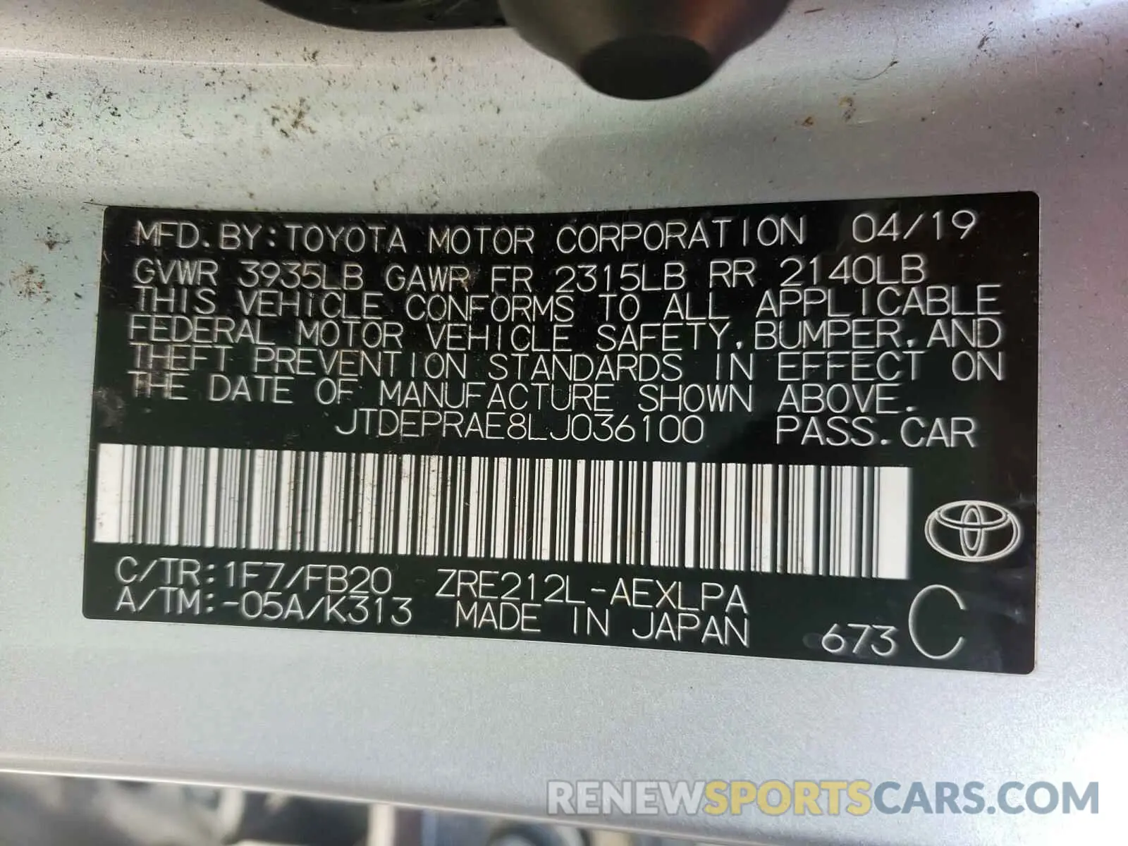 10 Photograph of a damaged car JTDEPRAE8LJ036100 TOYOTA COROLLA 2020