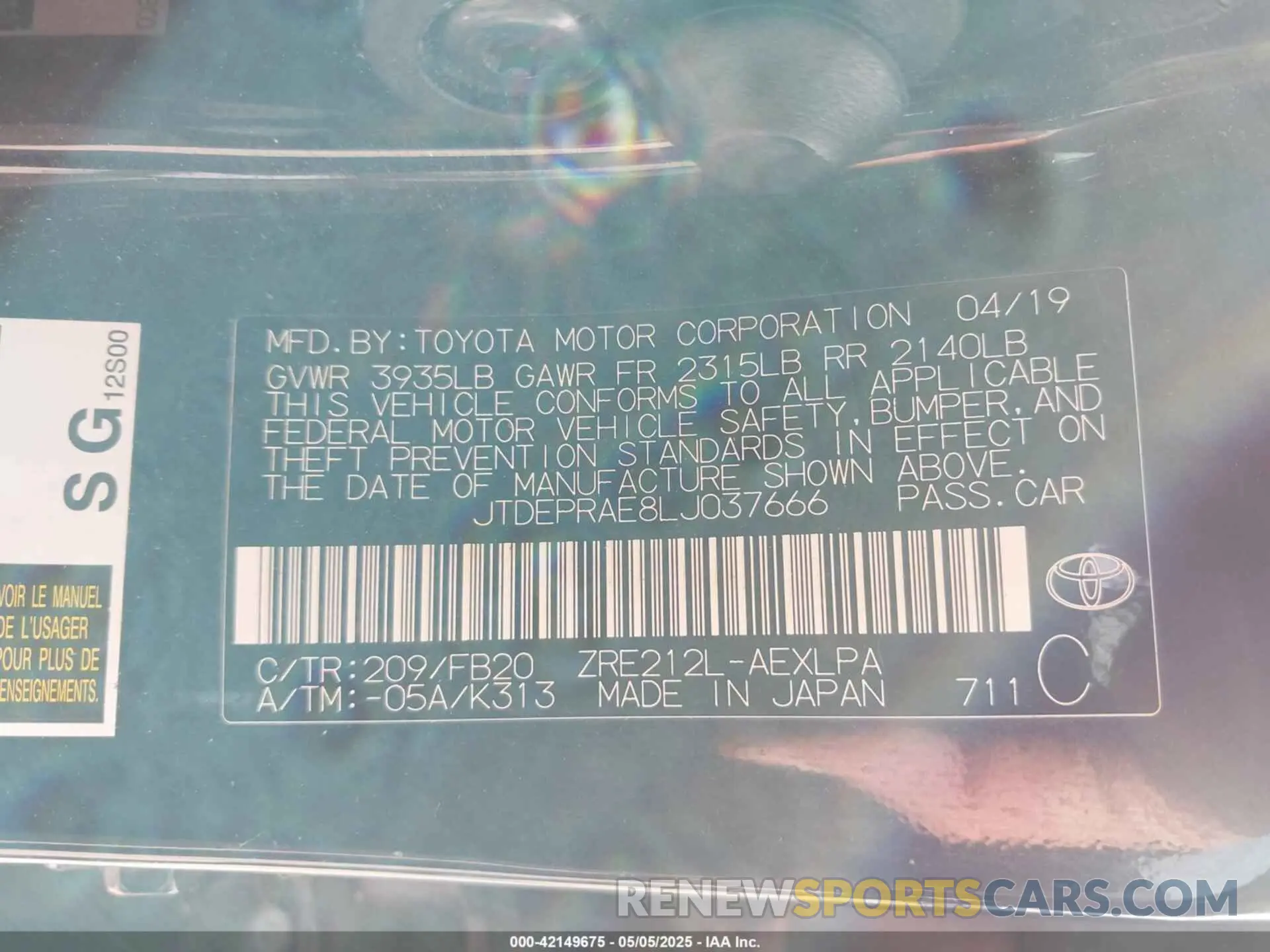 9 Фотография поврежденного автомобиля JTDEPRAE8LJ037666 TOYOTA COROLLA 2020