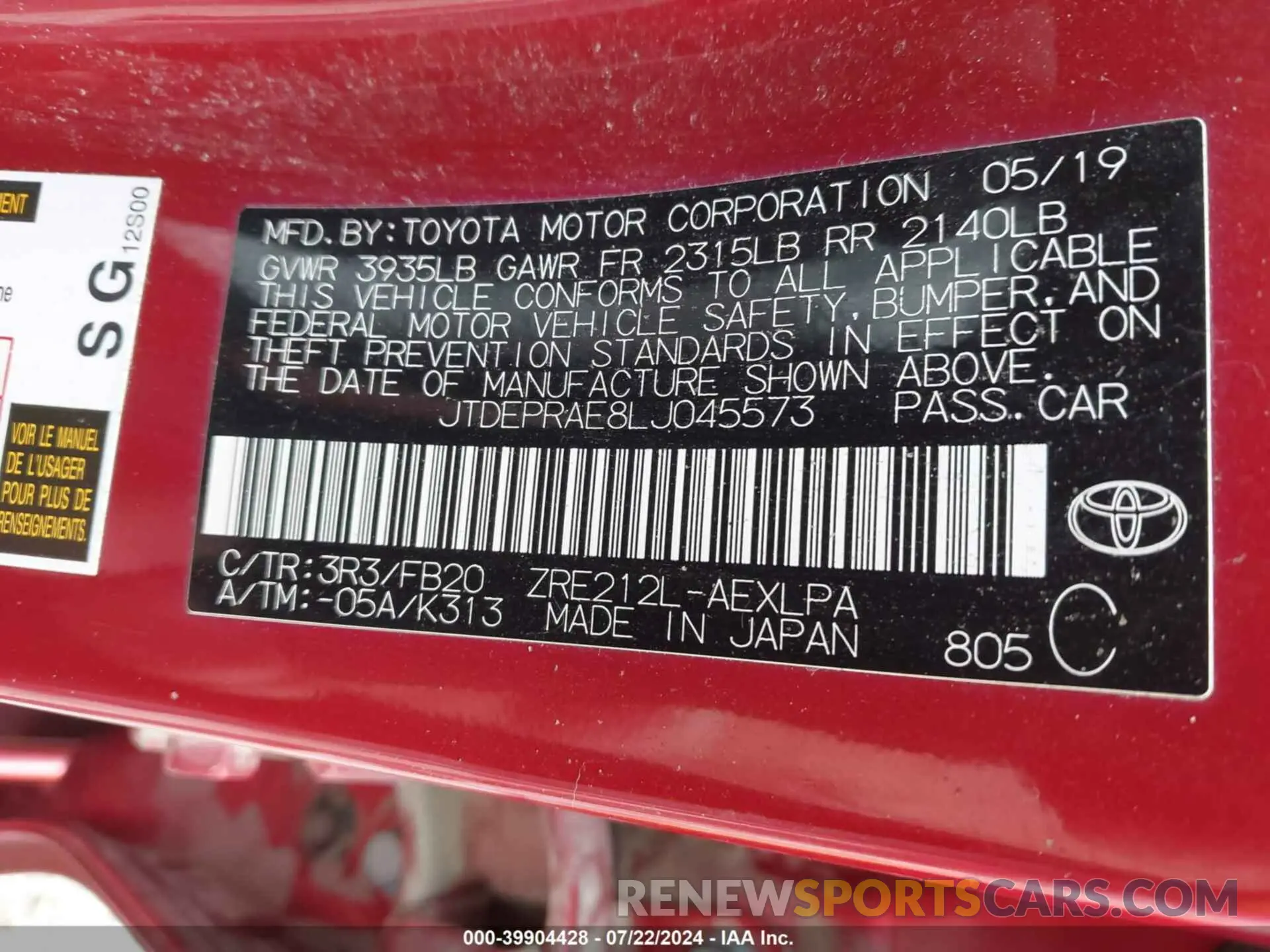 9 Фотография поврежденного автомобиля JTDEPRAE8LJ045573 TOYOTA COROLLA 2020