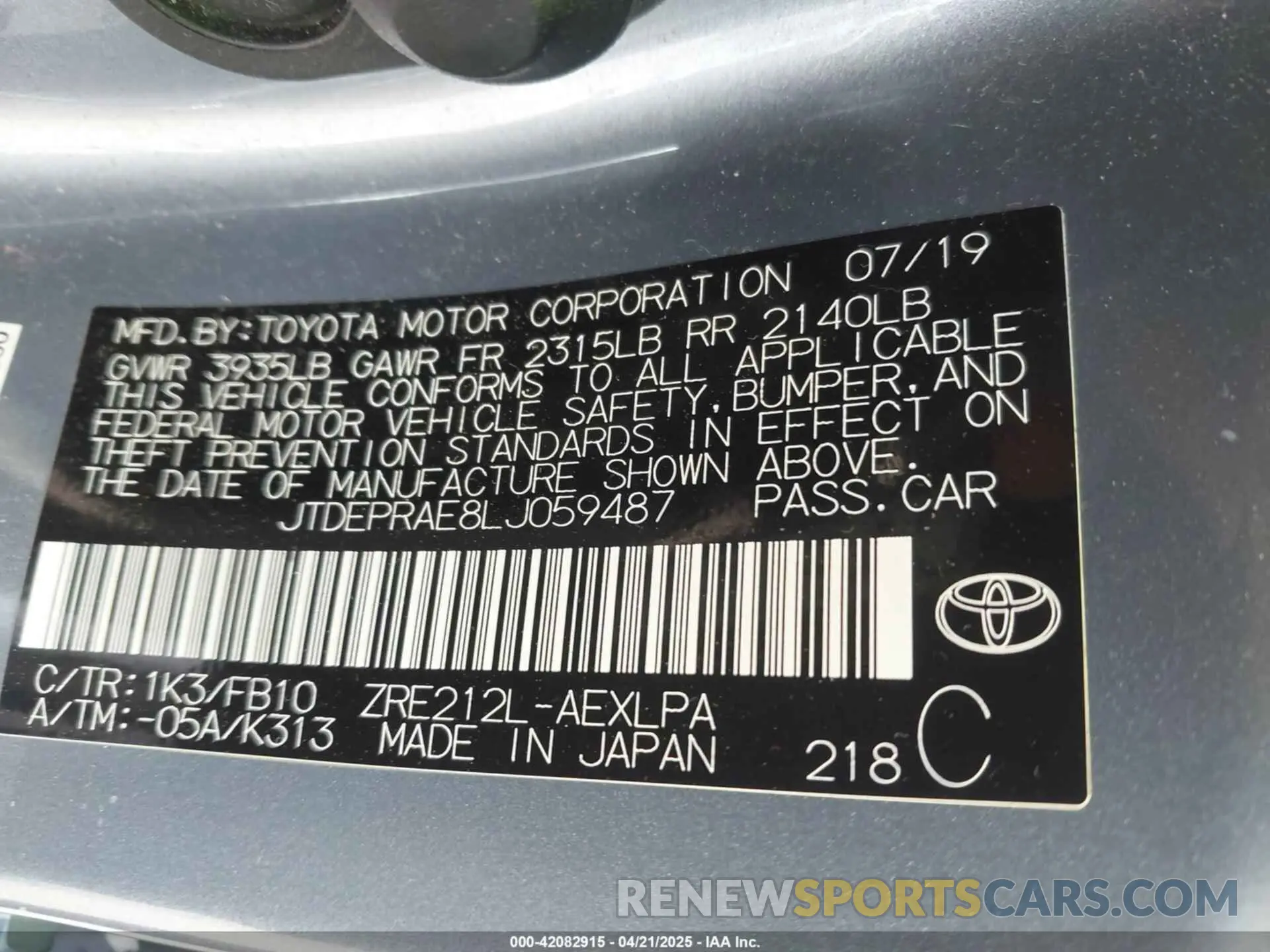 9 Фотография поврежденного автомобиля JTDEPRAE8LJ059487 TOYOTA COROLLA 2020
