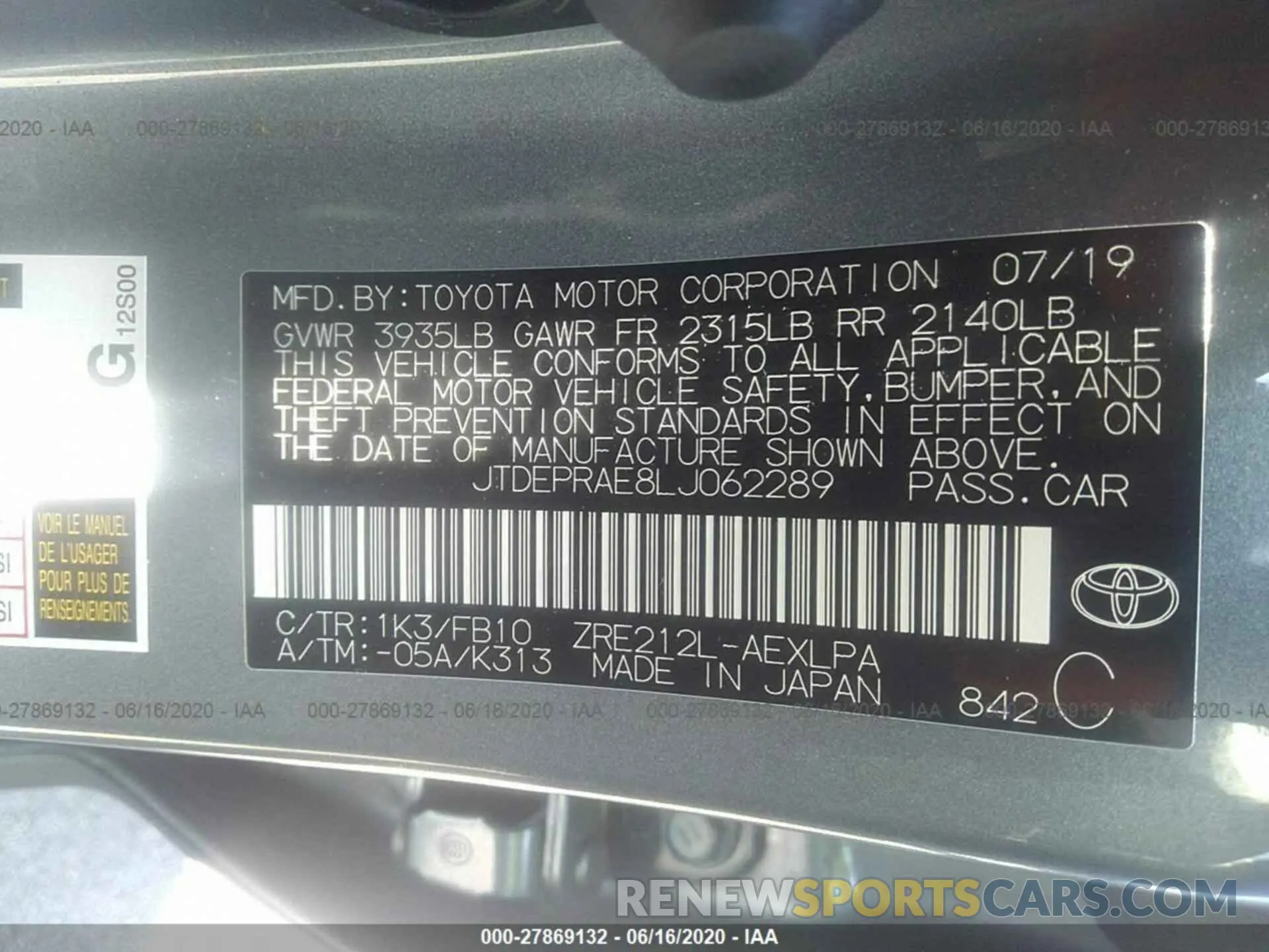 9 Photograph of a damaged car JTDEPRAE8LJ062289 TOYOTA COROLLA 2020