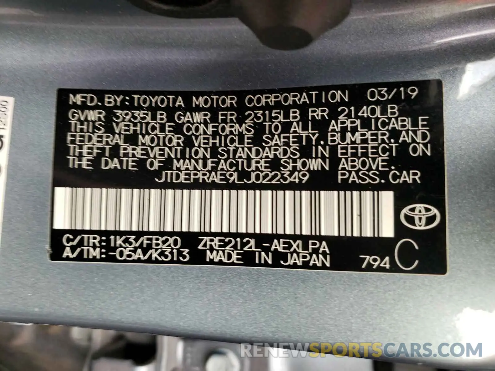 10 Photograph of a damaged car JTDEPRAE9LJ022349 TOYOTA COROLLA 2020