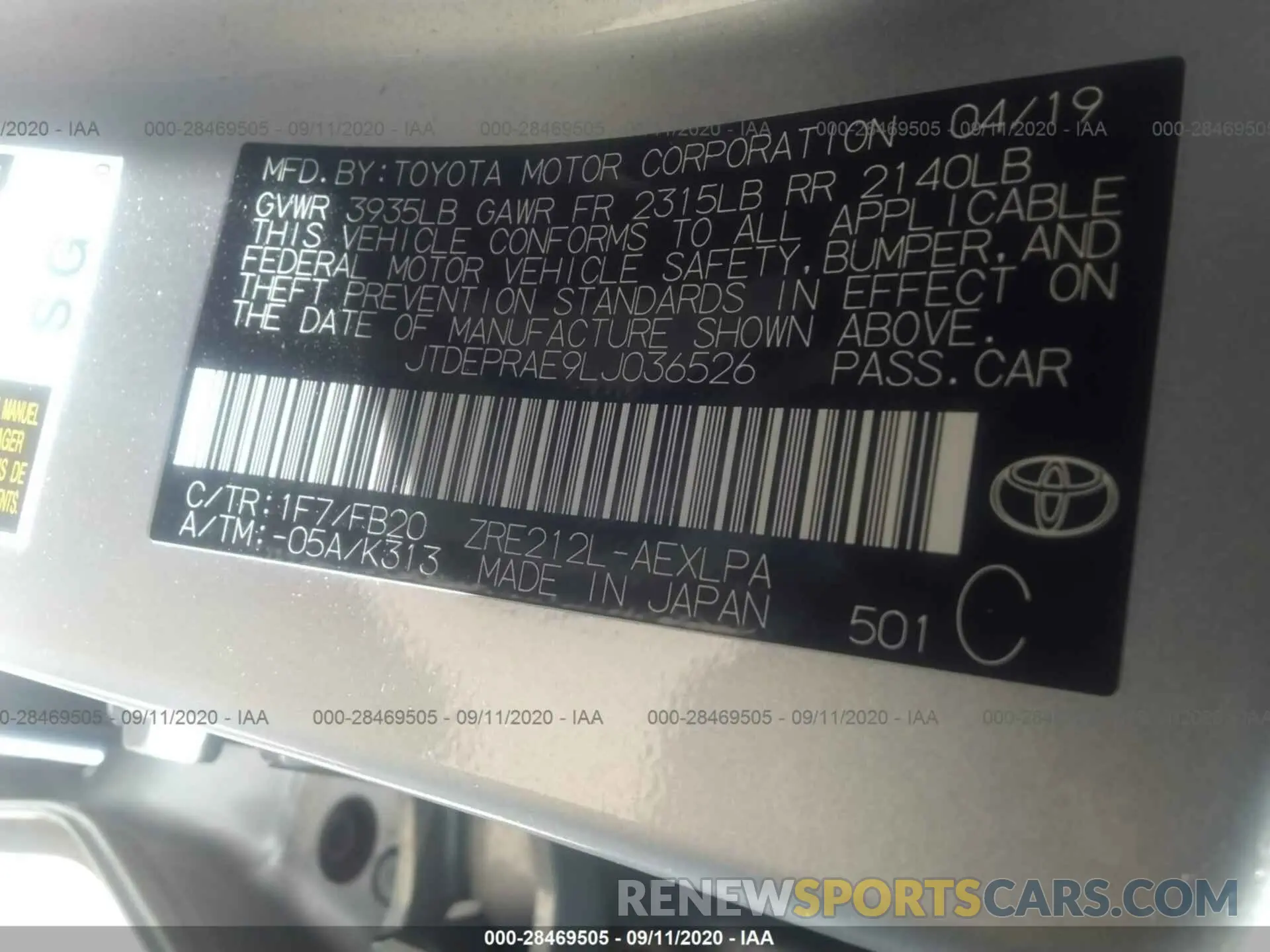 9 Photograph of a damaged car JTDEPRAE9LJ036526 TOYOTA COROLLA 2020