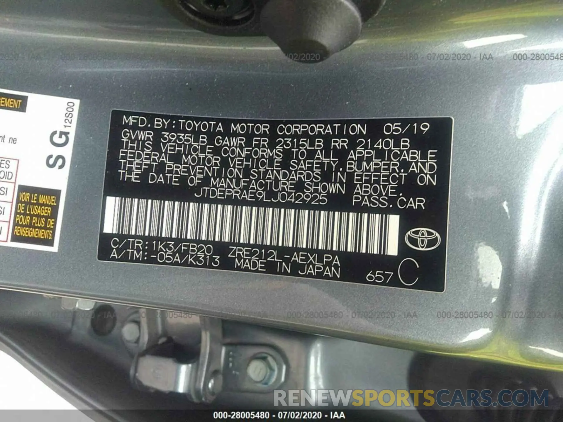 9 Photograph of a damaged car JTDEPRAE9LJ042925 TOYOTA COROLLA 2020