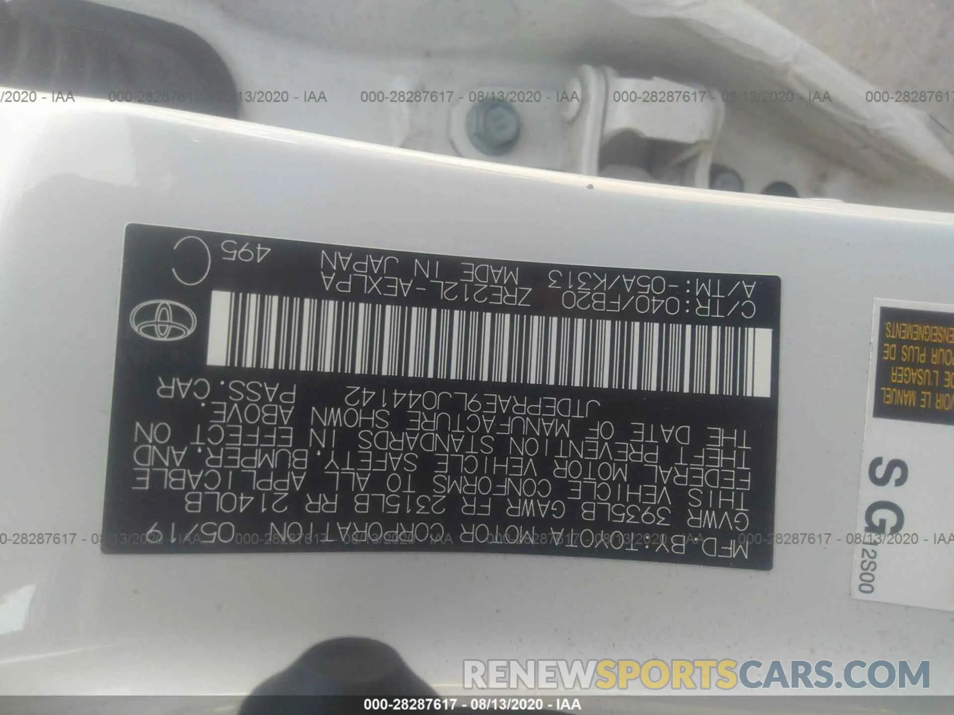 9 Photograph of a damaged car JTDEPRAE9LJ044142 TOYOTA COROLLA 2020