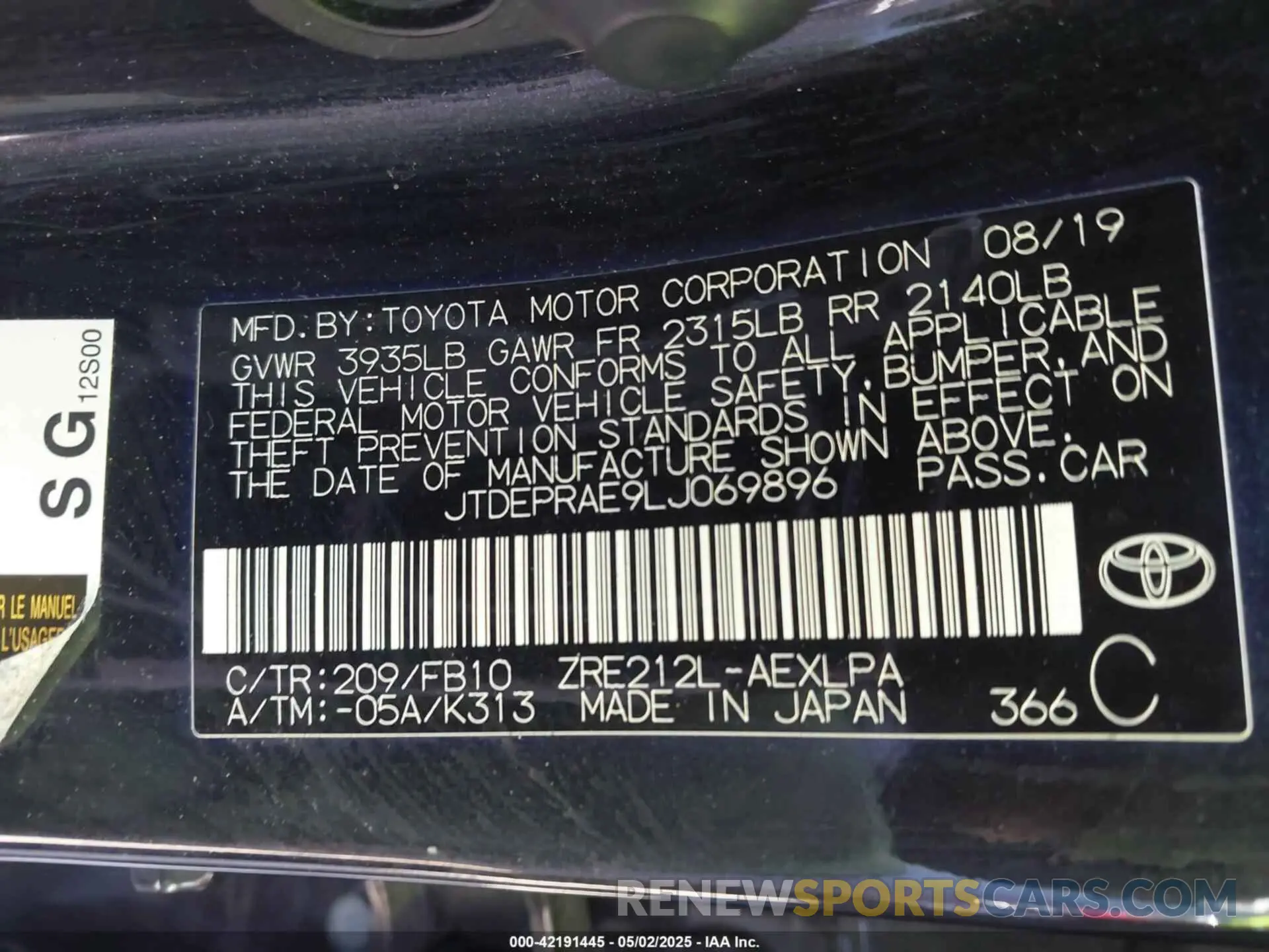 9 Photograph of a damaged car JTDEPRAE9LJ069896 TOYOTA COROLLA 2020