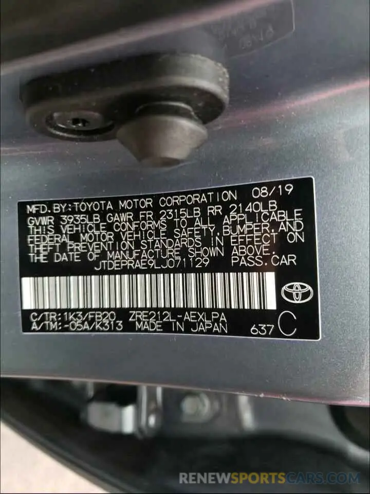 10 Photograph of a damaged car JTDEPRAE9LJ071129 TOYOTA COROLLA 2020