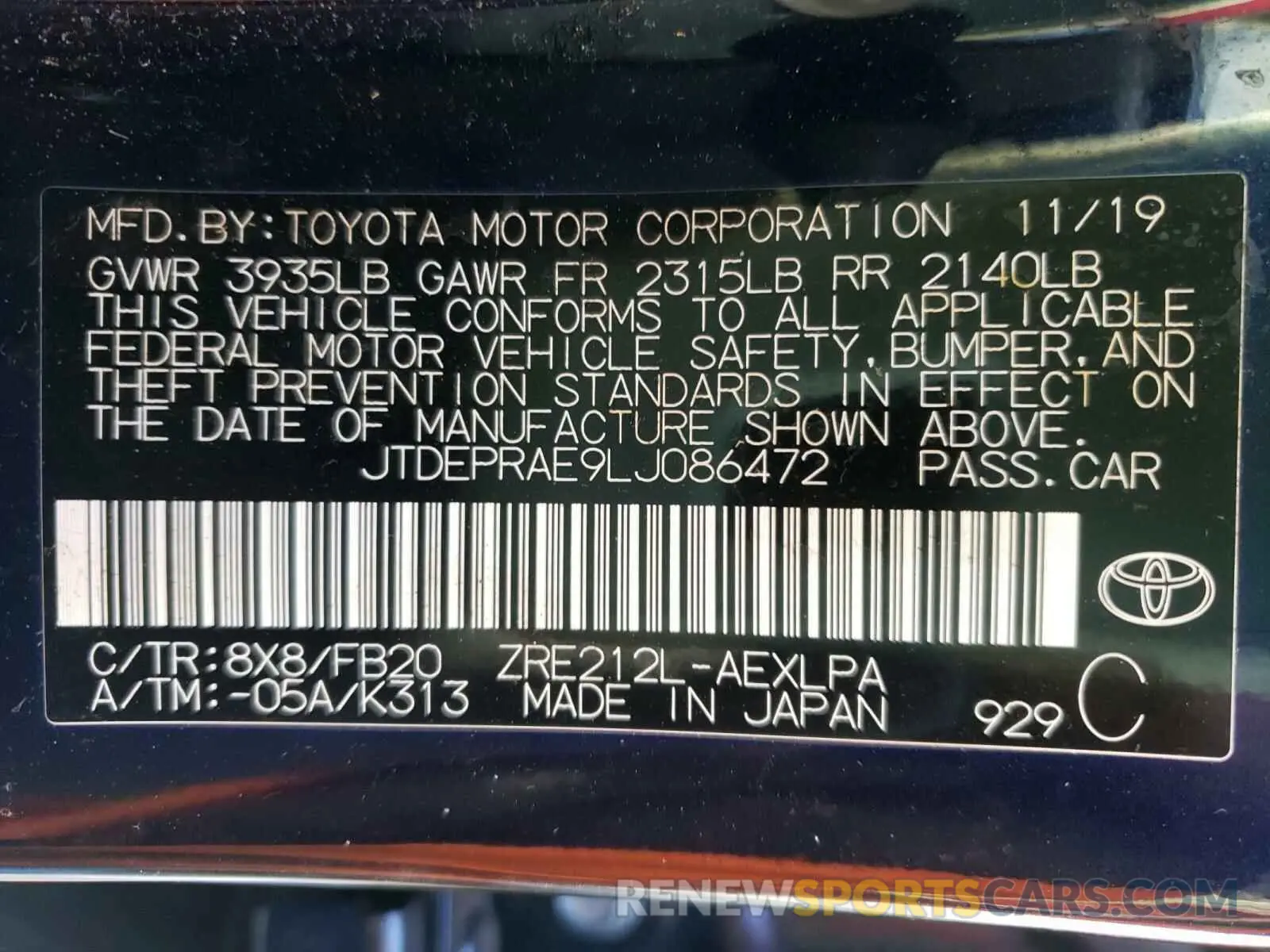 10 Photograph of a damaged car JTDEPRAE9LJ086472 TOYOTA COROLLA 2020