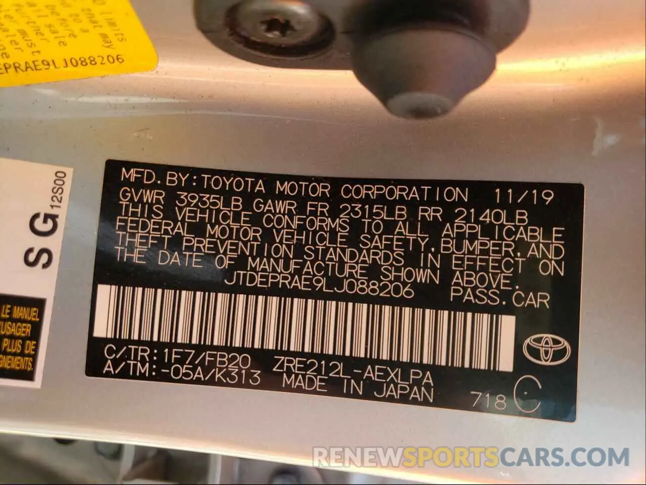 10 Photograph of a damaged car JTDEPRAE9LJ088206 TOYOTA COROLLA 2020