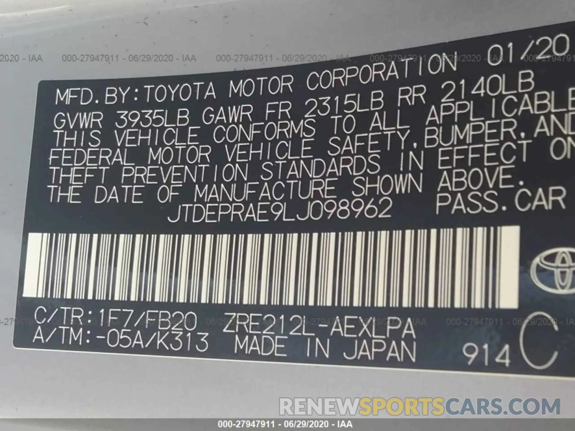 9 Photograph of a damaged car JTDEPRAE9LJ098962 TOYOTA COROLLA 2020