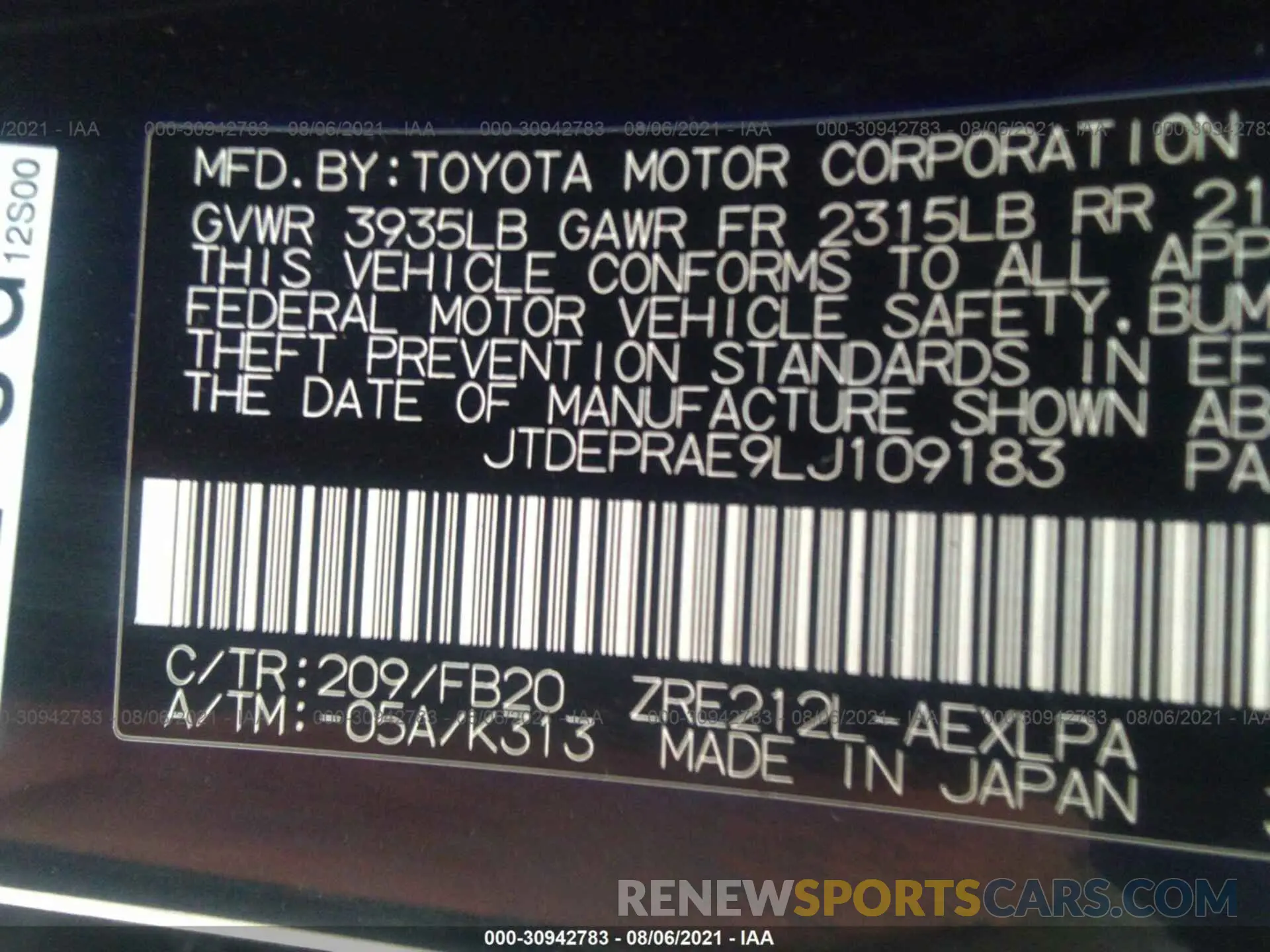 9 Photograph of a damaged car JTDEPRAE9LJ109183 TOYOTA COROLLA 2020