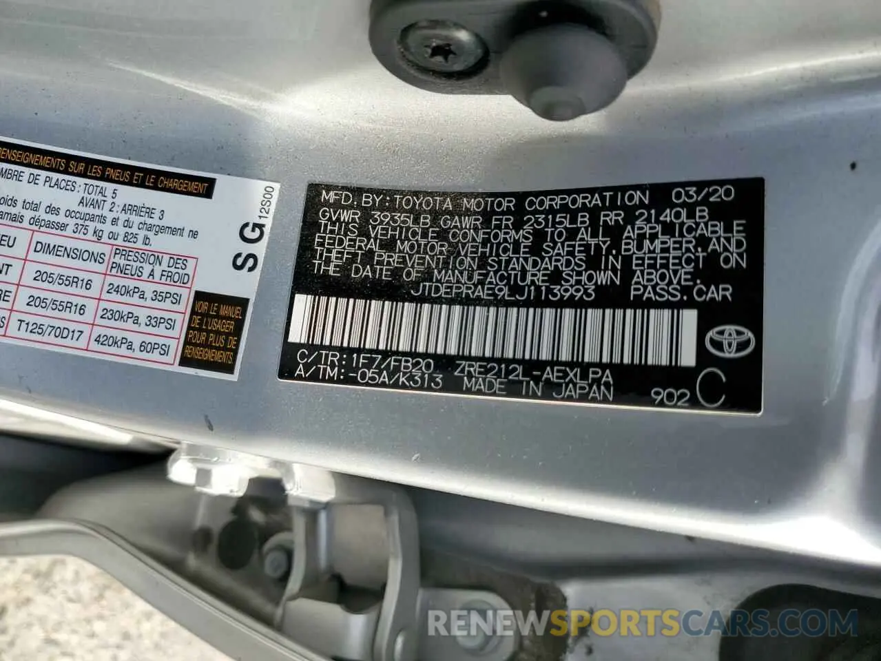 12 Фотография поврежденного автомобиля JTDEPRAE9LJ113993 TOYOTA COROLLA 2020