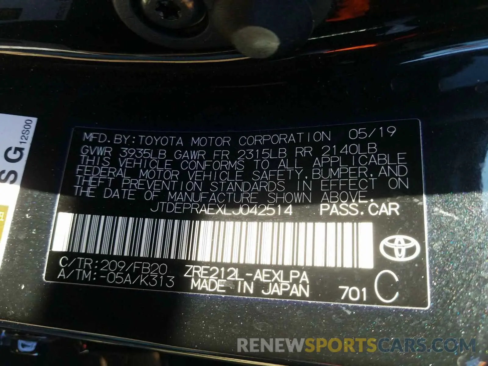 10 Photograph of a damaged car JTDEPRAEXLJ042514 TOYOTA COROLLA 2020