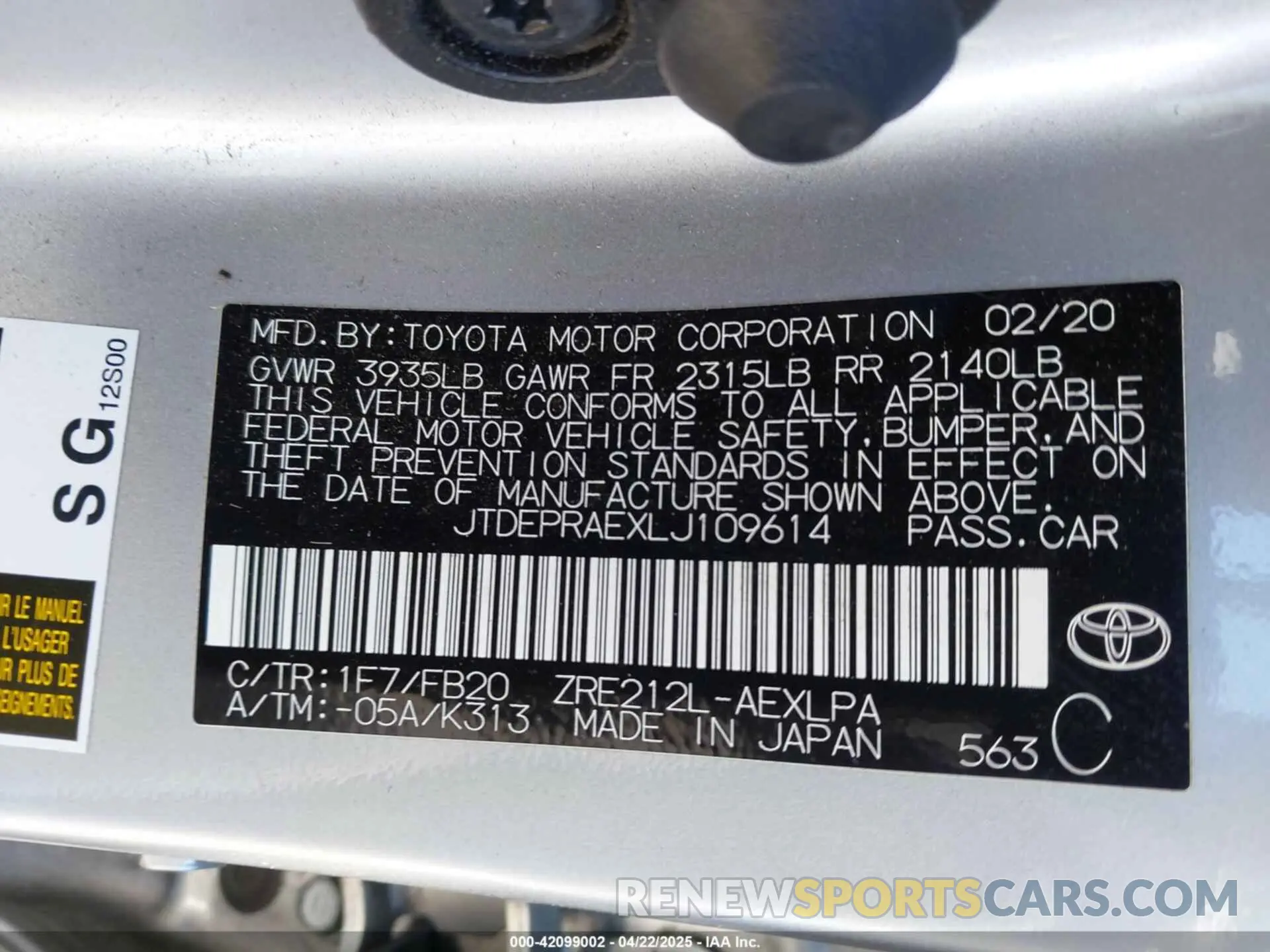 9 Photograph of a damaged car JTDEPRAEXLJ109614 TOYOTA COROLLA 2020