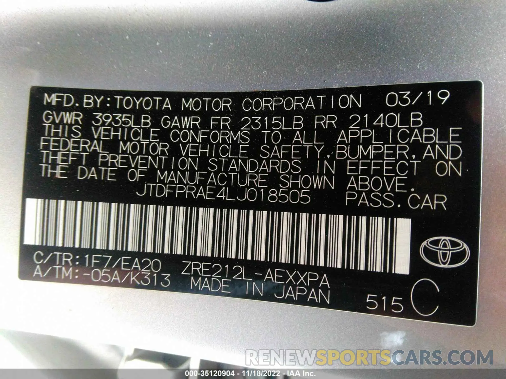 9 Photograph of a damaged car JTDFPRAE4LJ018505 TOYOTA COROLLA 2020