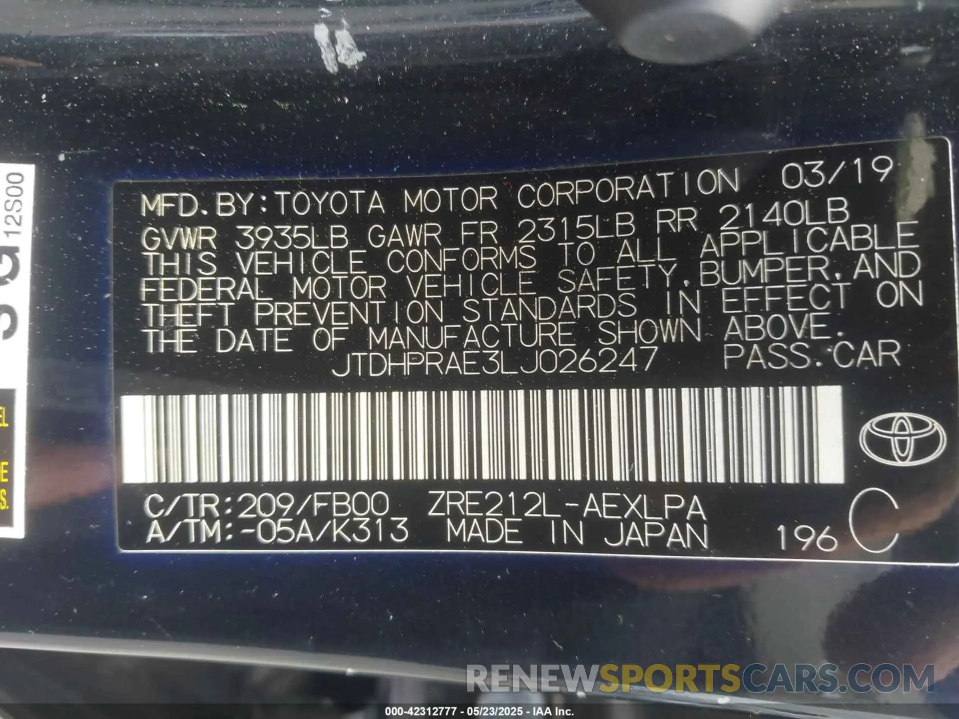 9 Photograph of a damaged car JTDHPRAE3LJ026247 TOYOTA COROLLA 2020