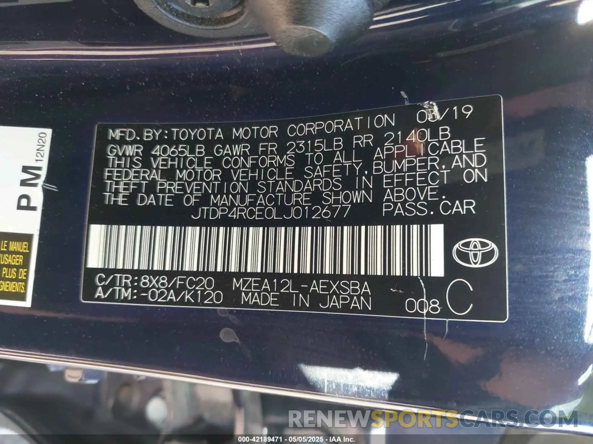 9 Photograph of a damaged car JTDP4RCE0LJ012677 TOYOTA COROLLA 2020
