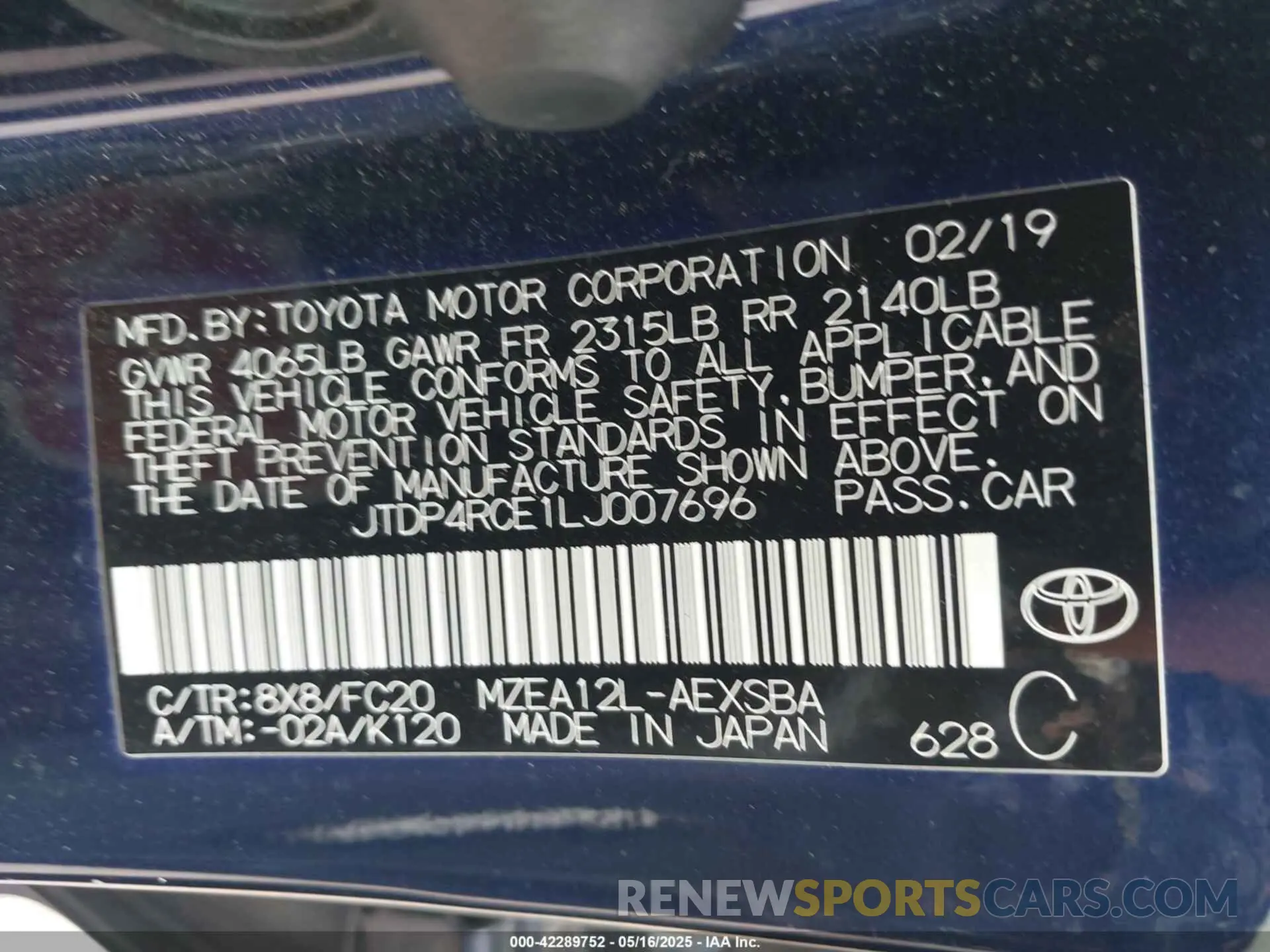 9 Фотография поврежденного автомобиля JTDP4RCE1LJ007696 TOYOTA COROLLA 2020