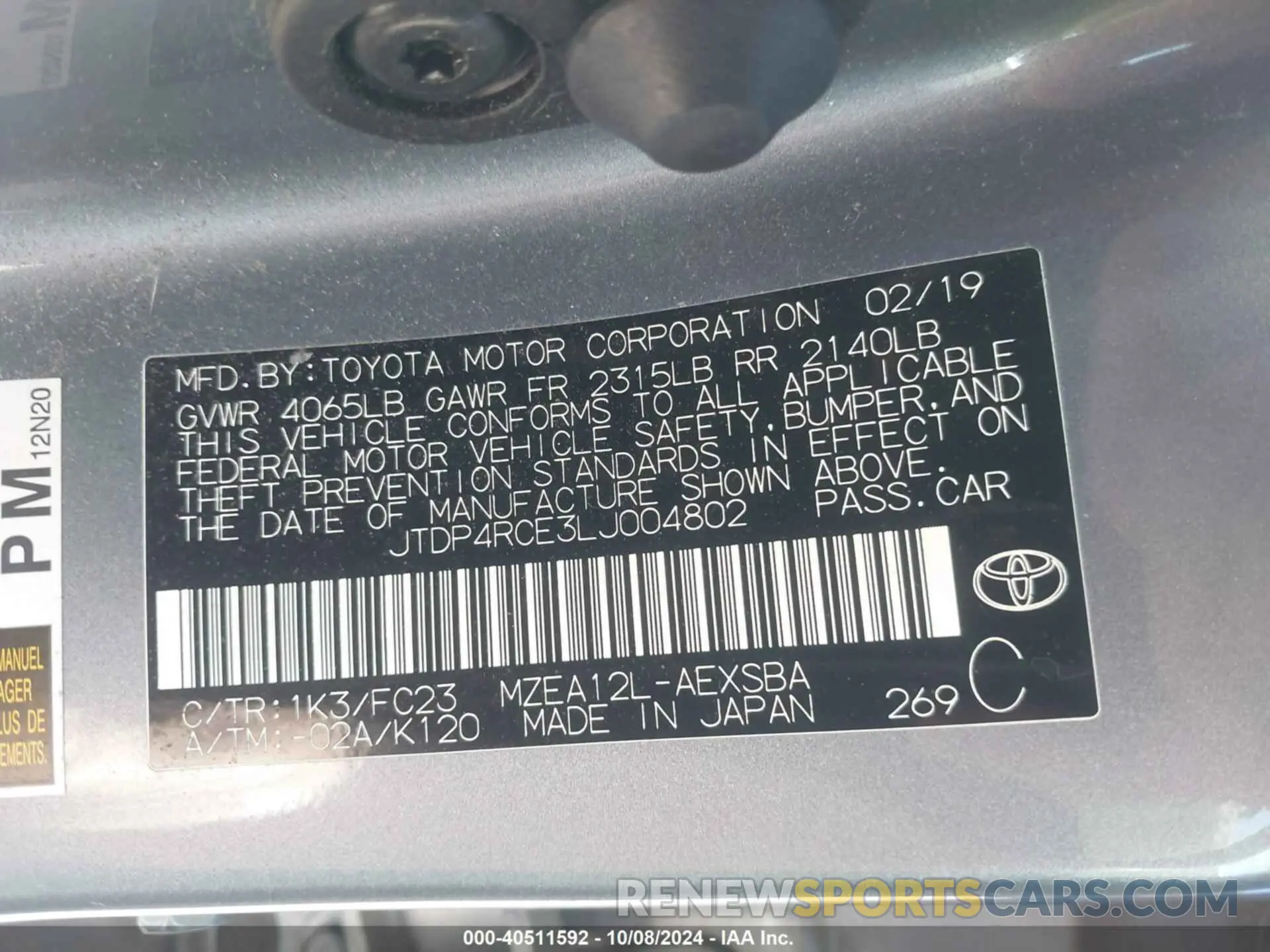 9 Photograph of a damaged car JTDP4RCE3LJ004802 TOYOTA COROLLA 2020