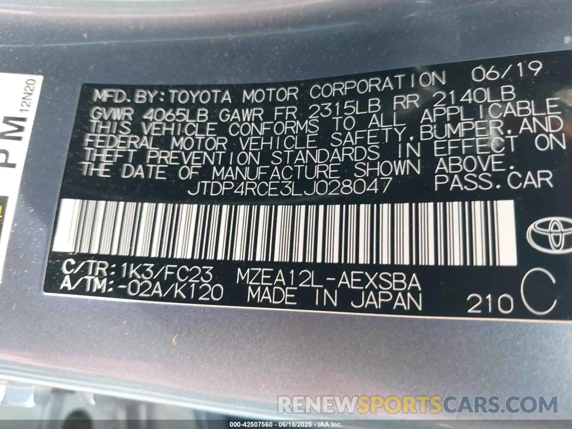 9 Photograph of a damaged car JTDP4RCE3LJ028047 TOYOTA COROLLA 2020