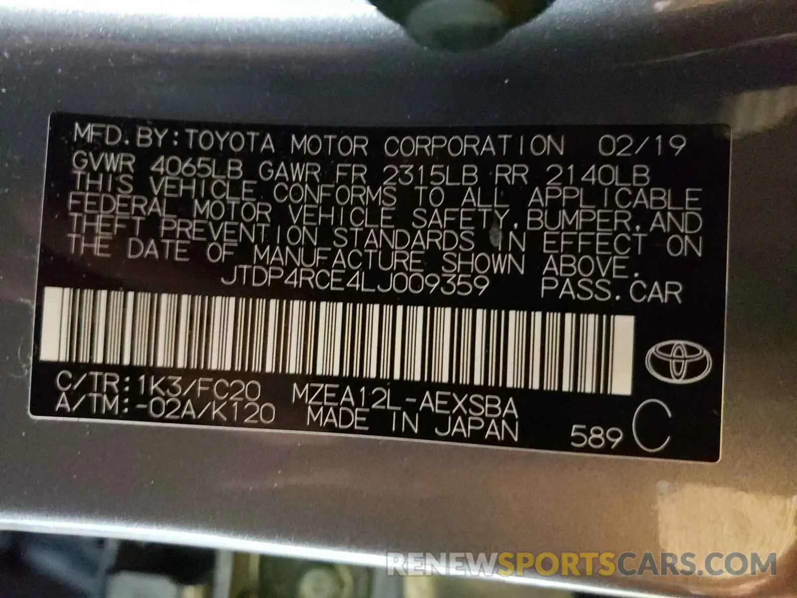 10 Photograph of a damaged car JTDP4RCE4LJ009359 TOYOTA COROLLA 2020