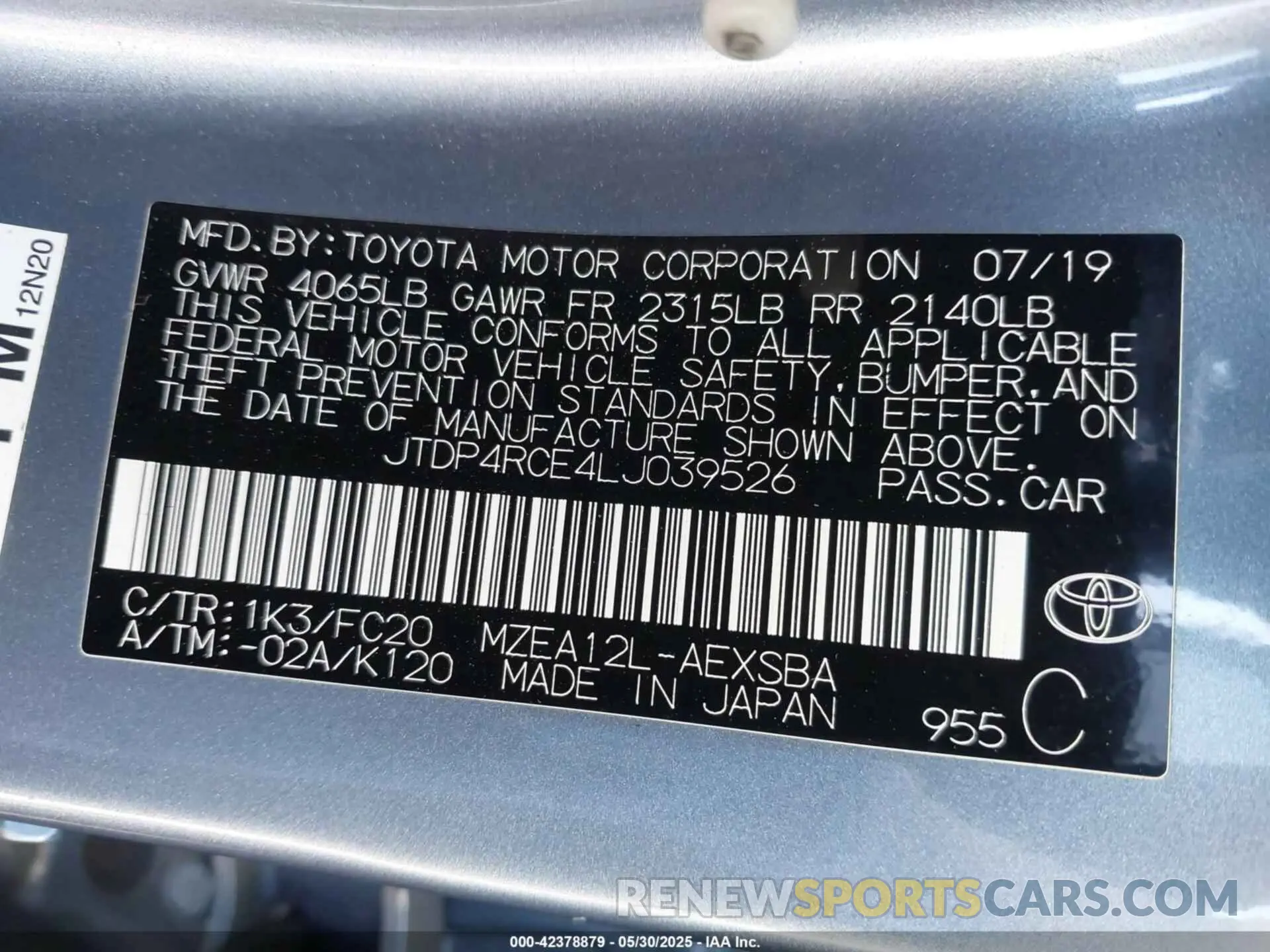 9 Photograph of a damaged car JTDP4RCE4LJ039526 TOYOTA COROLLA 2020