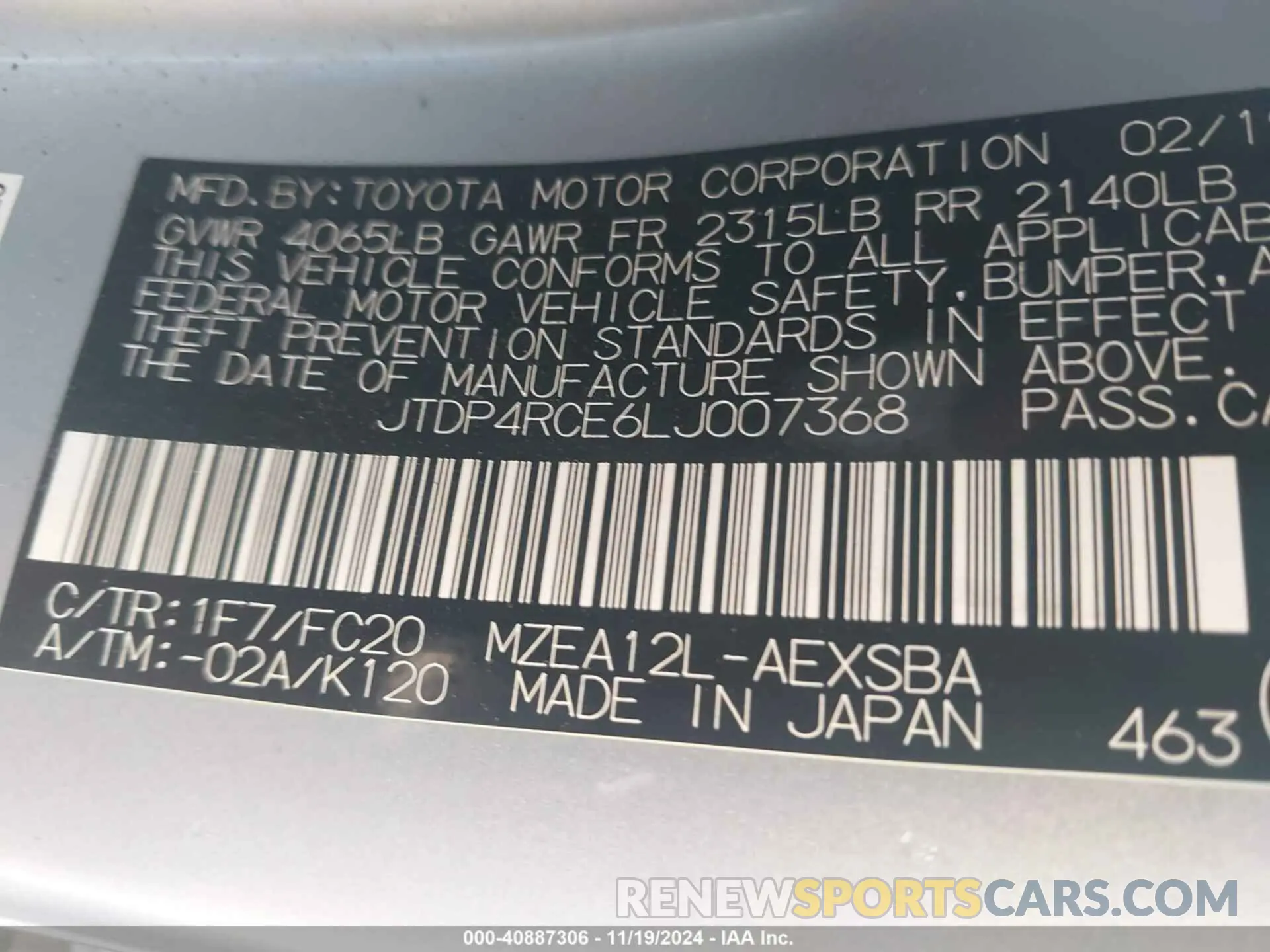 9 Фотография поврежденного автомобиля JTDP4RCE6LJ007368 TOYOTA COROLLA 2020