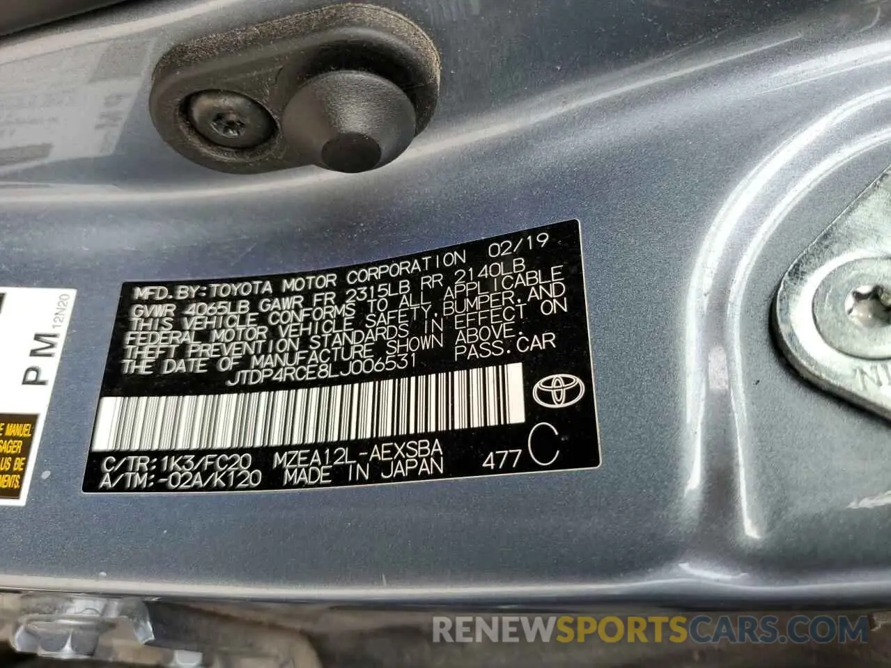 12 Photograph of a damaged car JTDP4RCE8LJ006531 TOYOTA COROLLA 2020