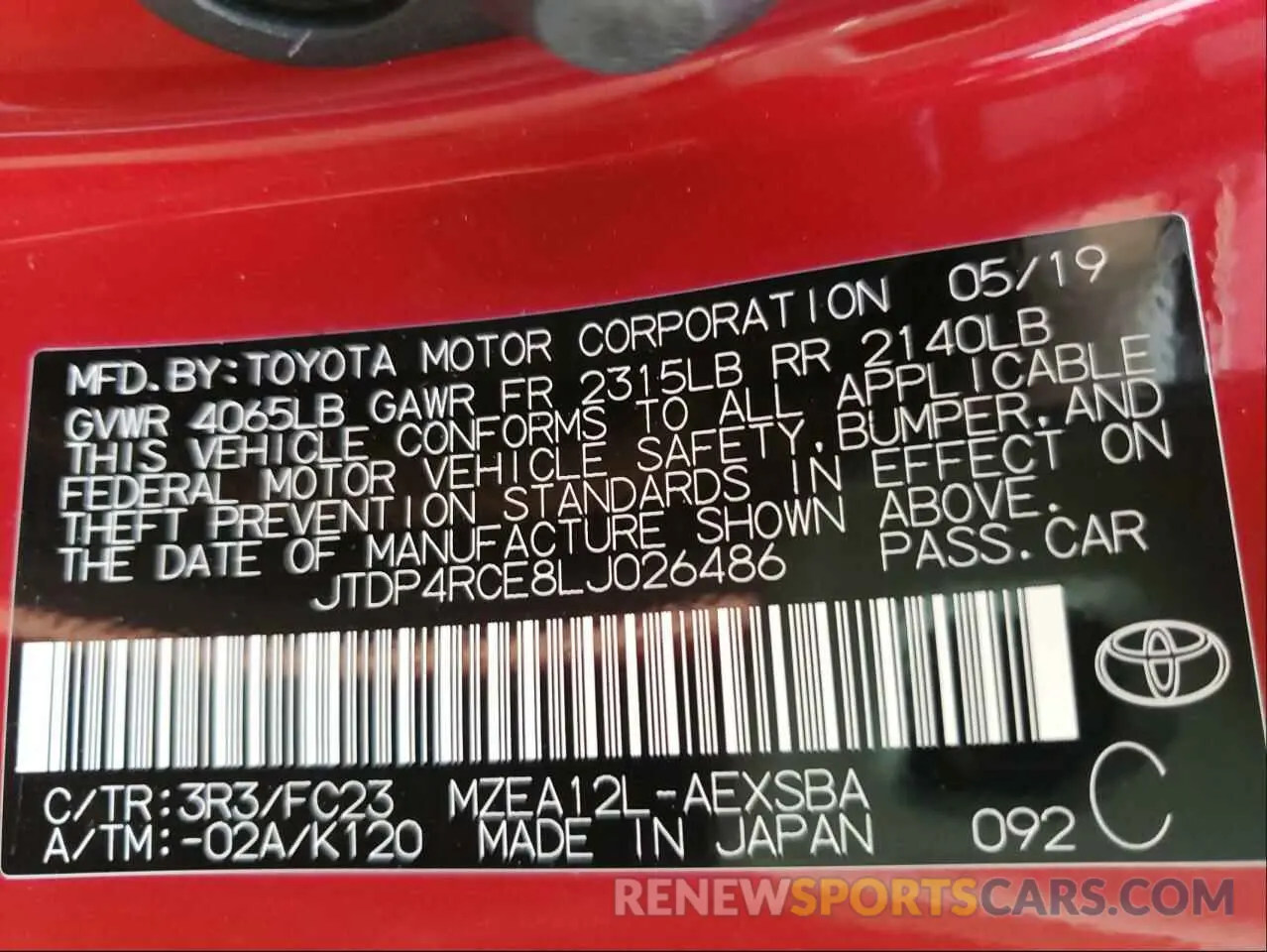 10 Photograph of a damaged car JTDP4RCE8LJ026486 TOYOTA COROLLA 2020