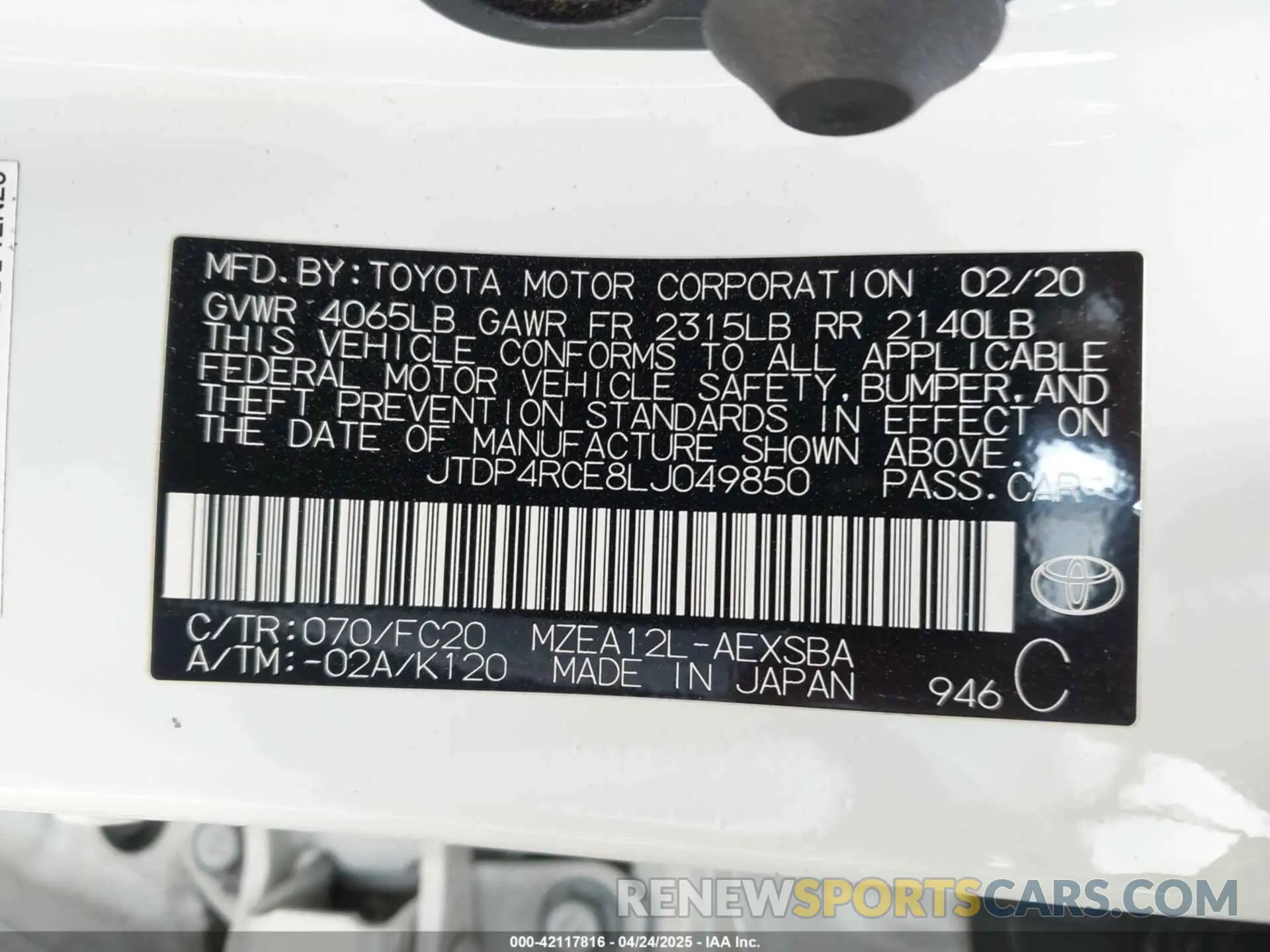 9 Фотография поврежденного автомобиля JTDP4RCE8LJ049850 TOYOTA COROLLA 2020