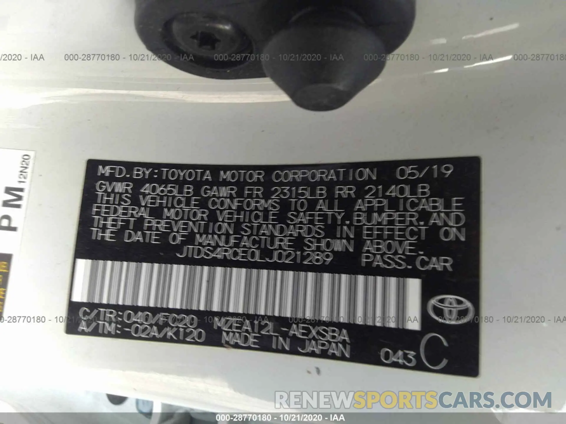 9 Photograph of a damaged car JTDS4RCE0LJ021289 TOYOTA COROLLA 2020