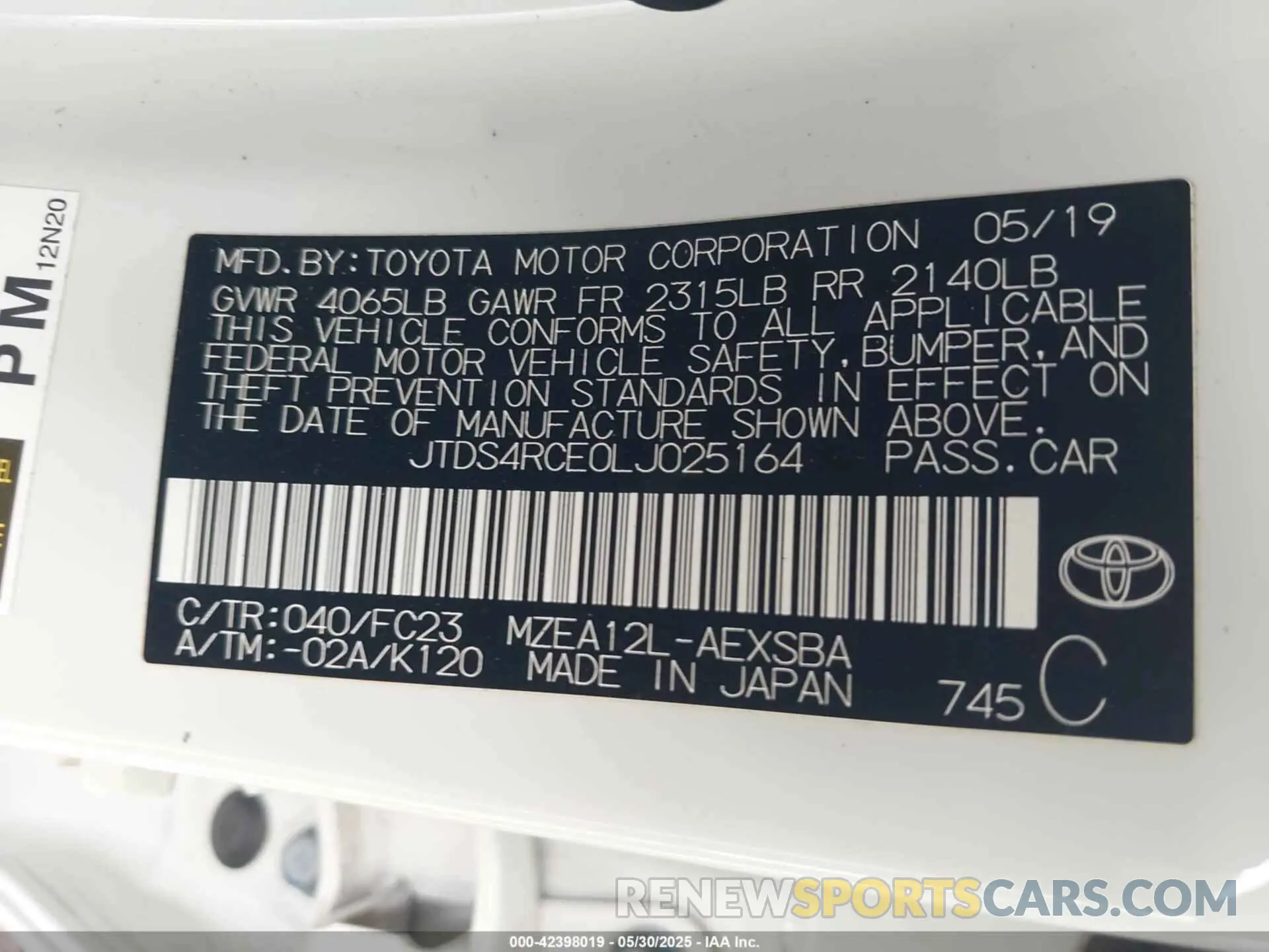 9 Фотография поврежденного автомобиля JTDS4RCE0LJ025164 TOYOTA COROLLA 2020