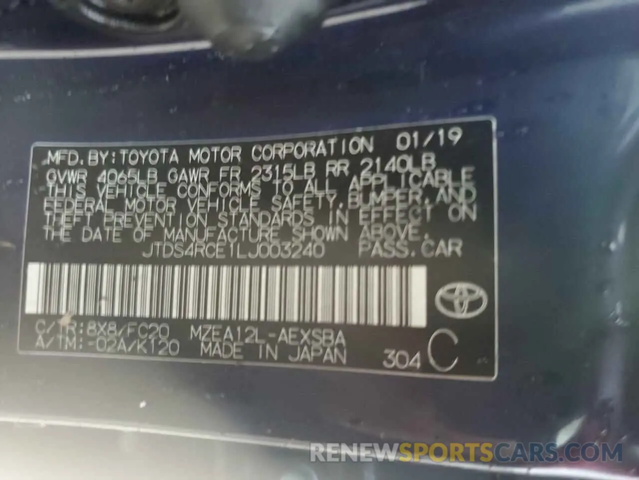 13 Photograph of a damaged car JTDS4RCE1LJ003240 TOYOTA COROLLA 2020