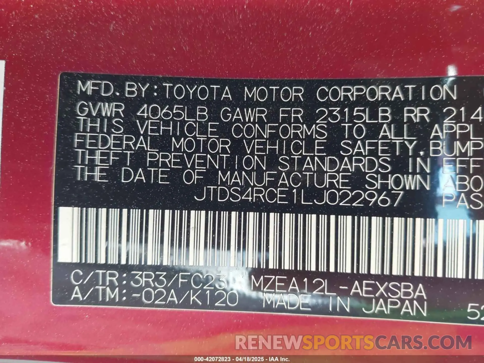 9 Photograph of a damaged car JTDS4RCE1LJ022967 TOYOTA COROLLA 2020