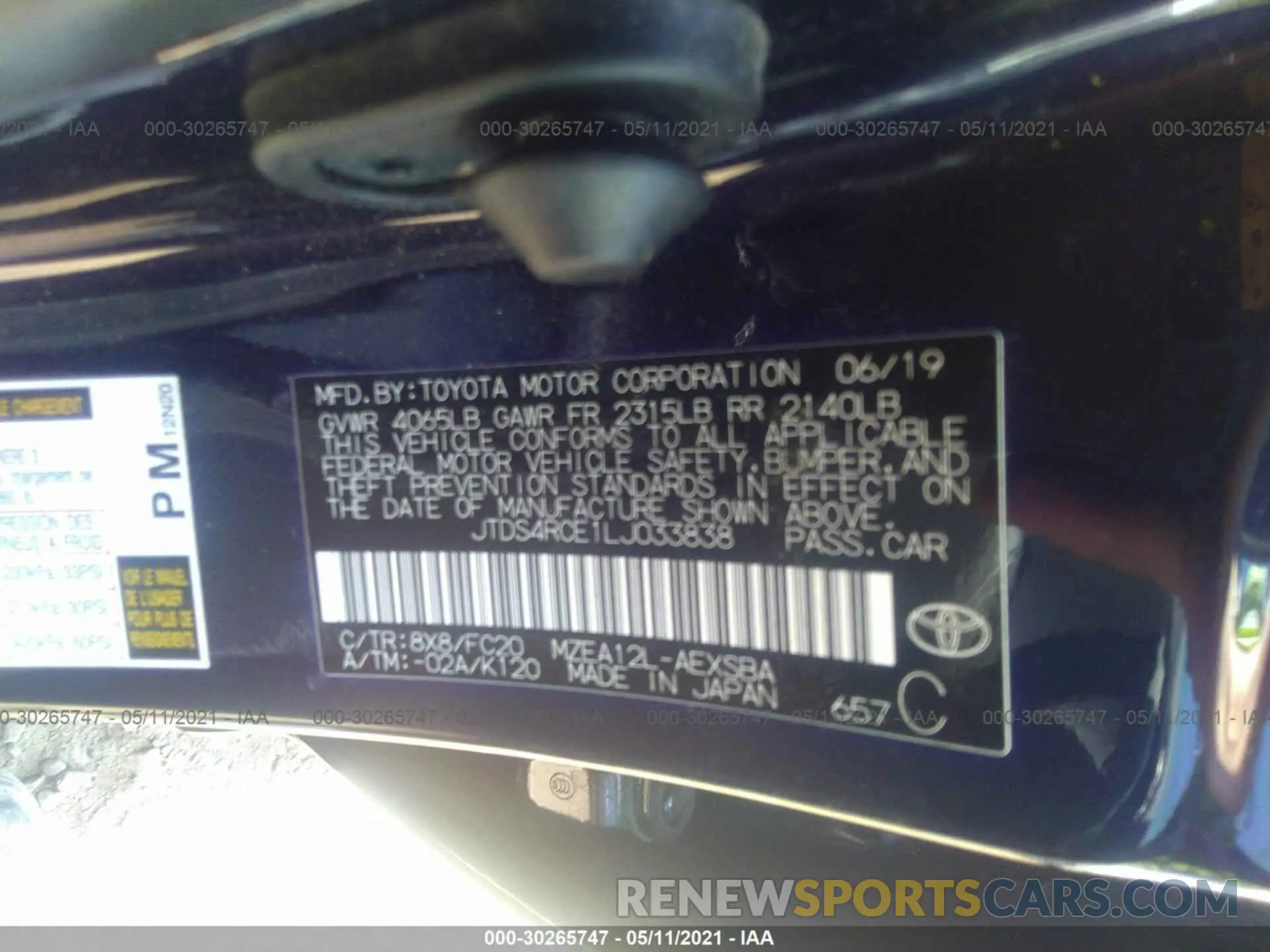 9 Photograph of a damaged car JTDS4RCE1LJ033838 TOYOTA COROLLA 2020