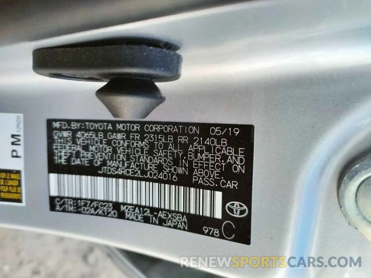 10 Photograph of a damaged car JTDS4RCE2LJ024016 TOYOTA COROLLA 2020