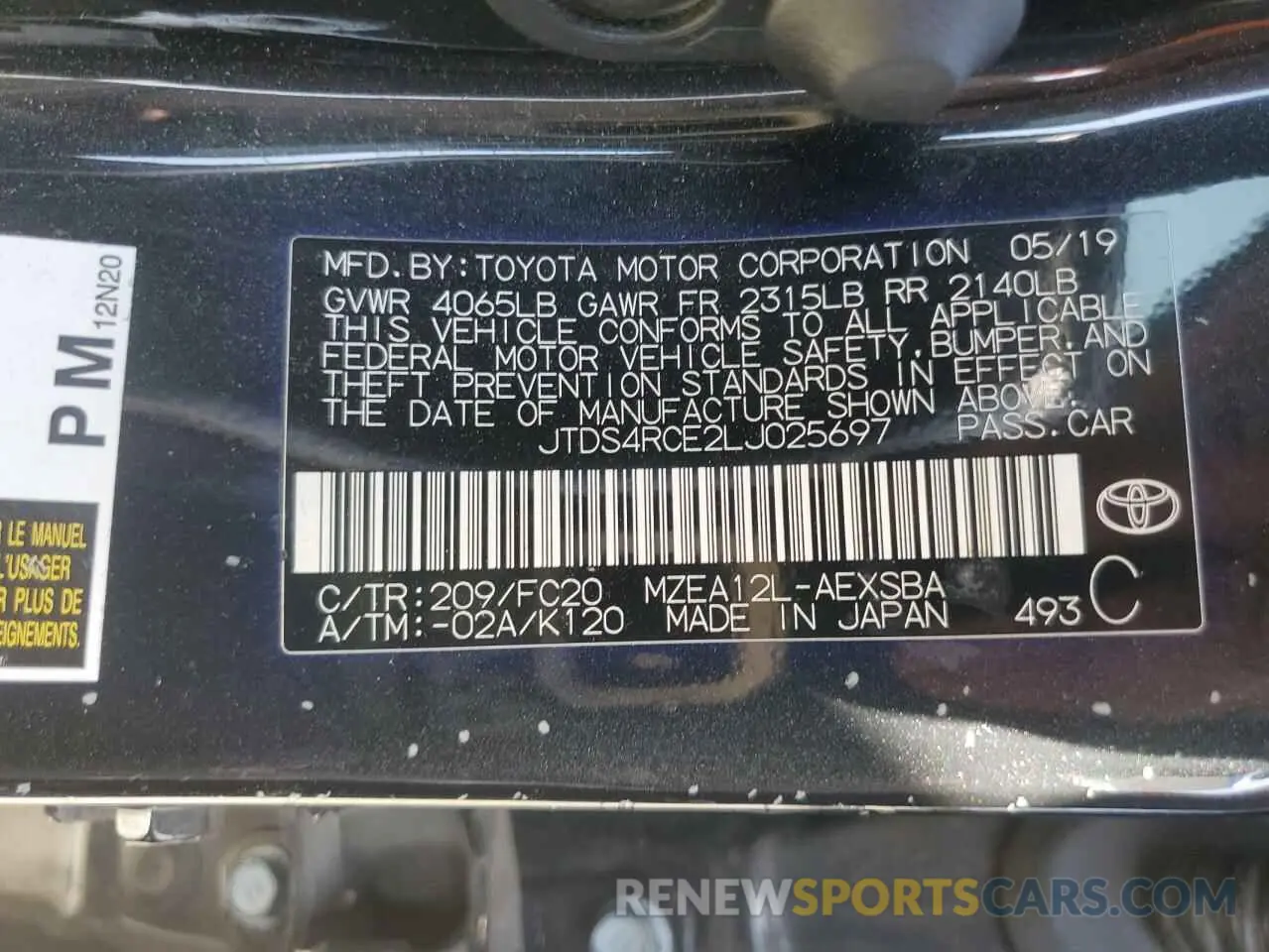 12 Фотография поврежденного автомобиля JTDS4RCE2LJ025697 TOYOTA COROLLA 2020