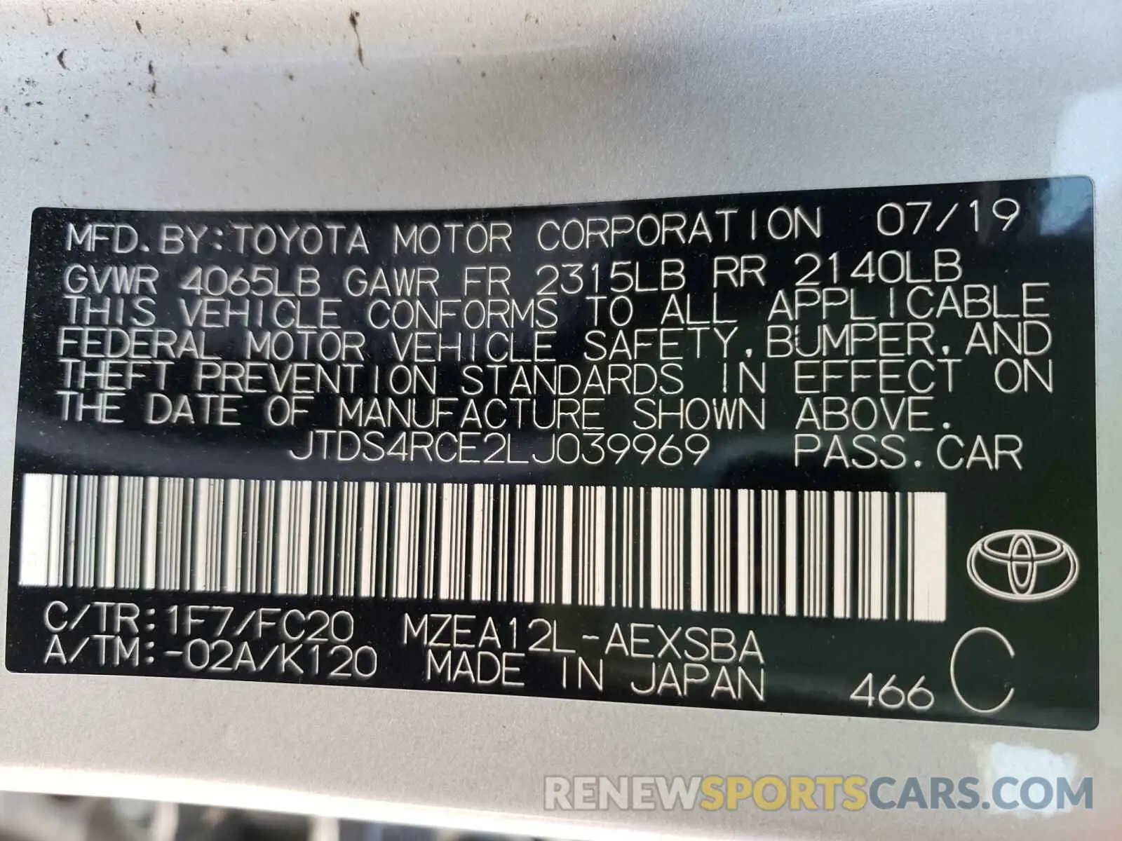 10 Photograph of a damaged car JTDS4RCE2LJ039969 TOYOTA COROLLA 2020