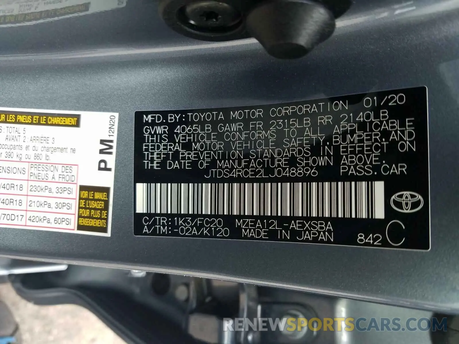 10 Photograph of a damaged car JTDS4RCE2LJ048896 TOYOTA COROLLA 2020