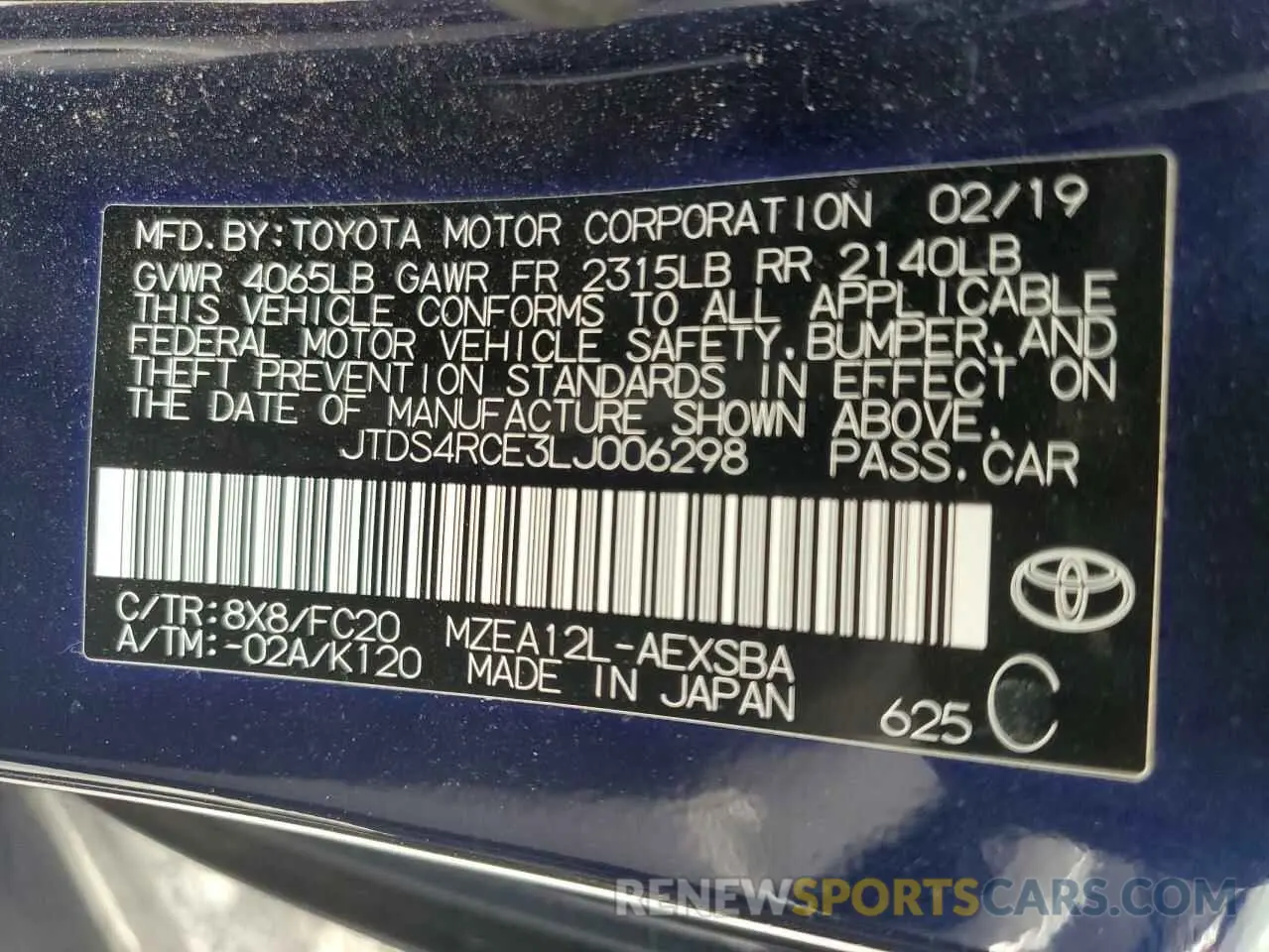 12 Photograph of a damaged car JTDS4RCE3LJ006298 TOYOTA COROLLA 2020