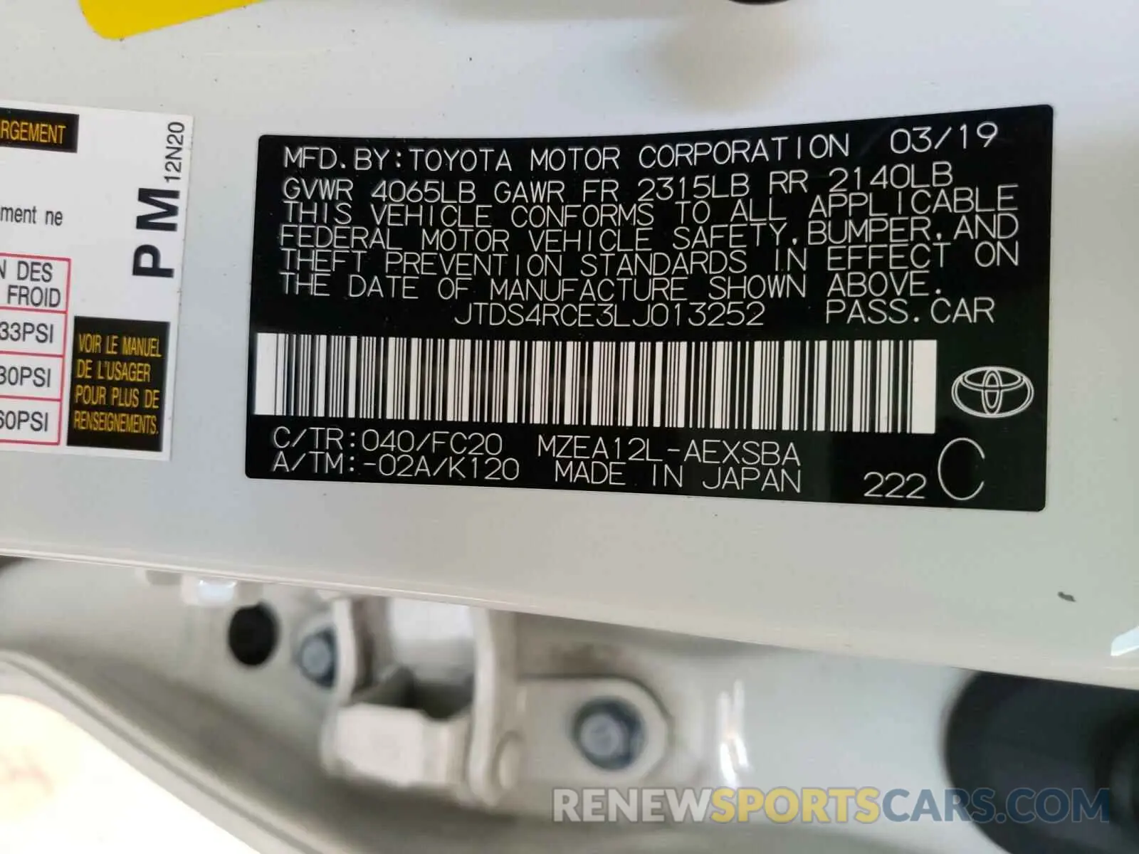 10 Фотография поврежденного автомобиля JTDS4RCE3LJ013252 TOYOTA COROLLA 2020