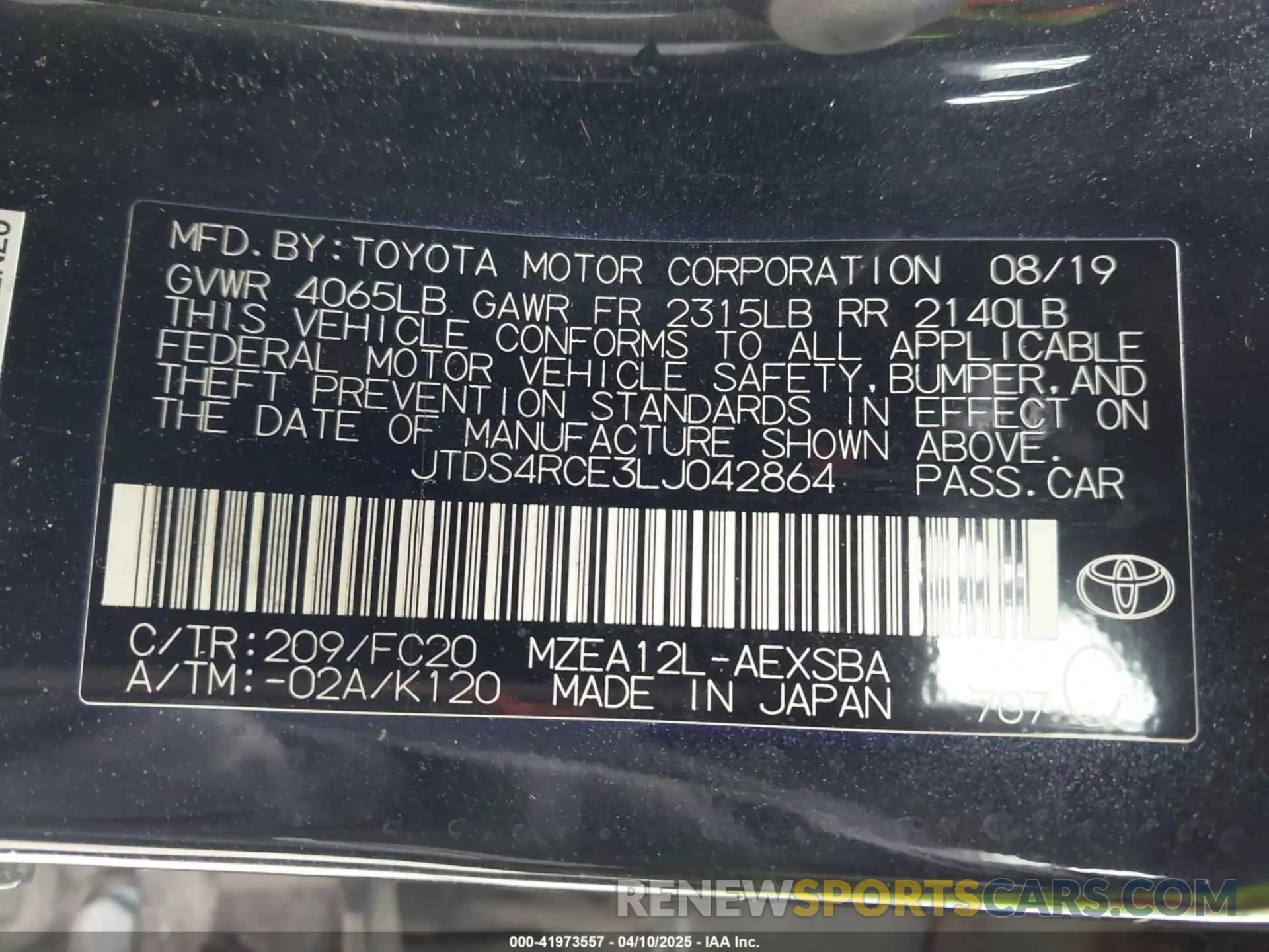 9 Photograph of a damaged car JTDS4RCE3LJ042864 TOYOTA COROLLA 2020