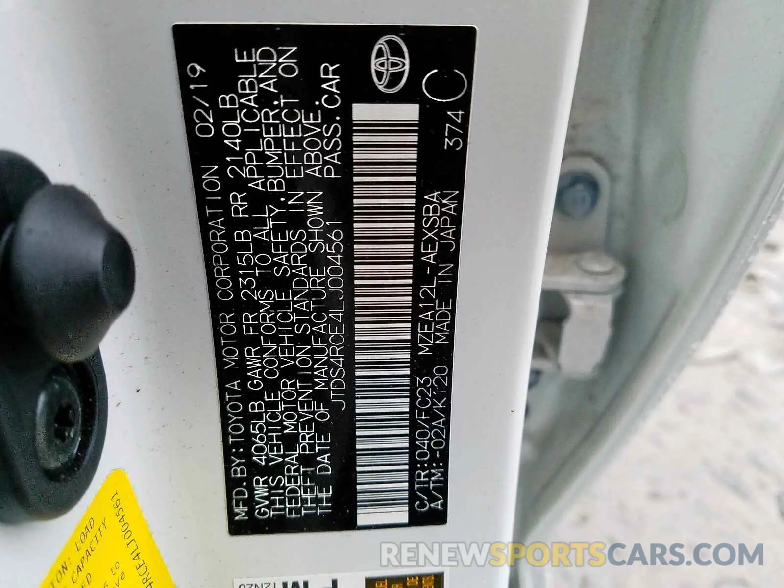 10 Photograph of a damaged car JTDS4RCE4LJ004561 TOYOTA COROLLA 2020