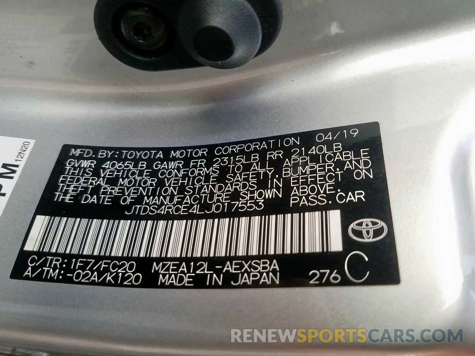 10 Photograph of a damaged car JTDS4RCE4LJ017553 TOYOTA COROLLA 2020