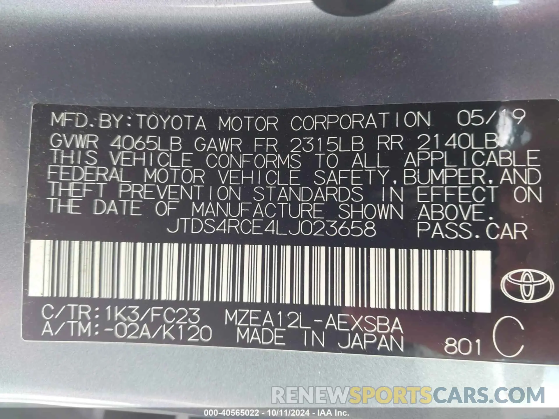 9 Фотография поврежденного автомобиля JTDS4RCE4LJ023658 TOYOTA COROLLA 2020