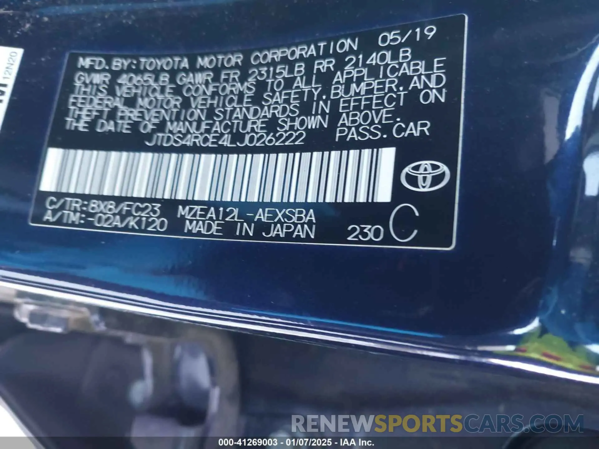9 Photograph of a damaged car JTDS4RCE4LJ026222 TOYOTA COROLLA 2020