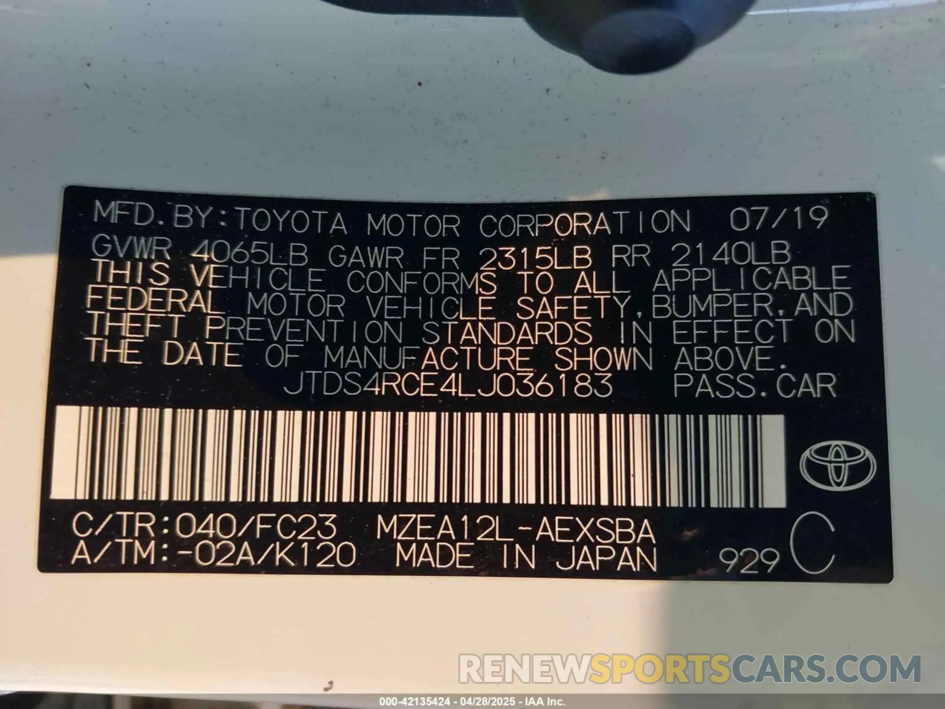 9 Photograph of a damaged car JTDS4RCE4LJ036183 TOYOTA COROLLA 2020