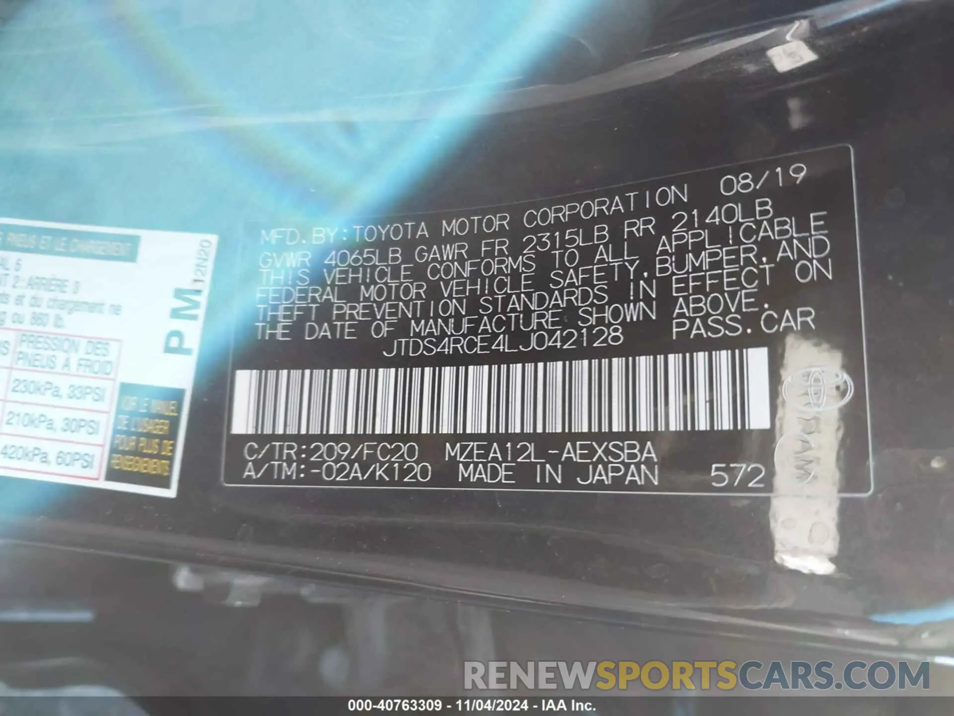 9 Фотография поврежденного автомобиля JTDS4RCE4LJ042128 TOYOTA COROLLA 2020